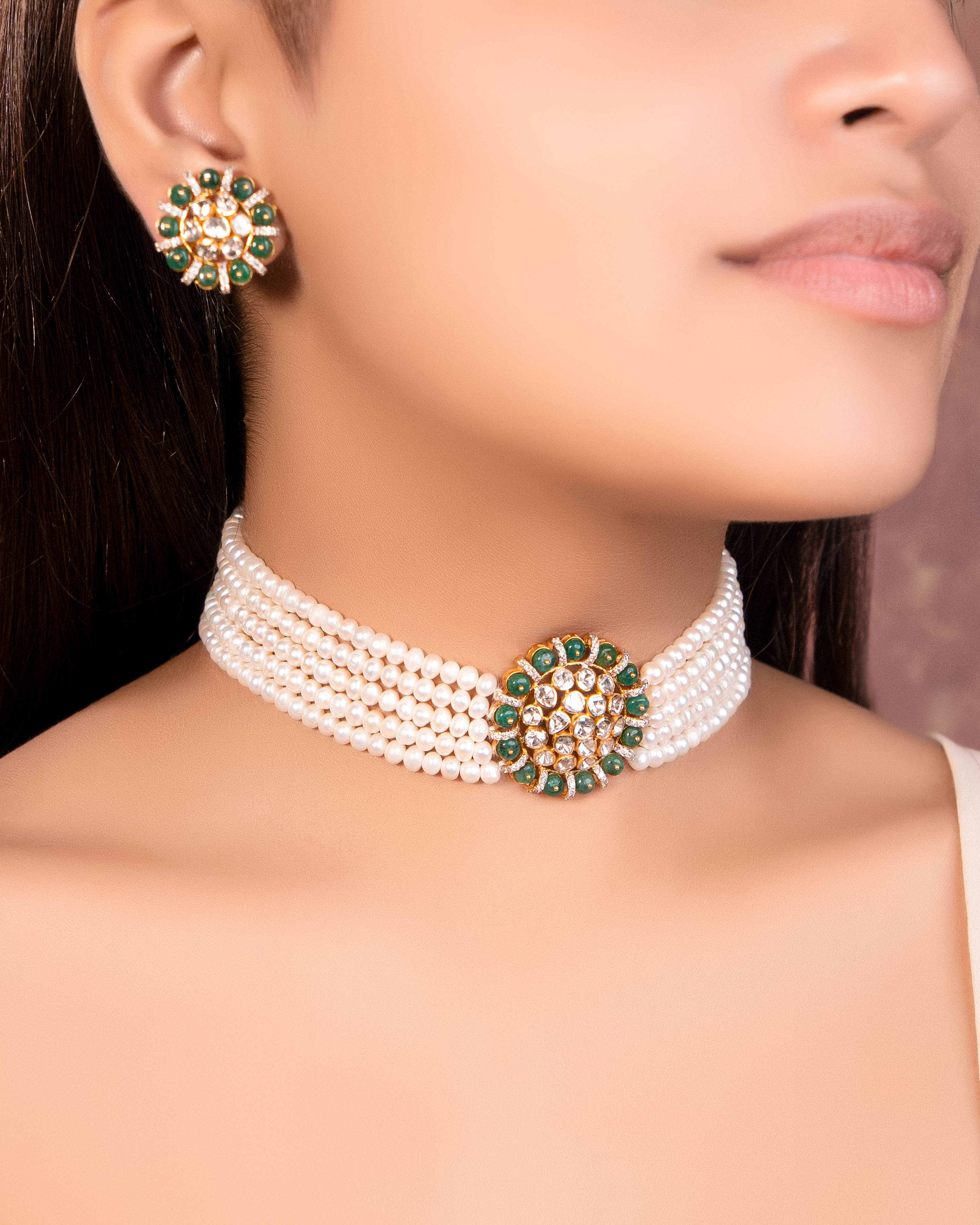 NO ORDERS - Ameena Bead Choker And Malani Tops Polki And Diamond Set