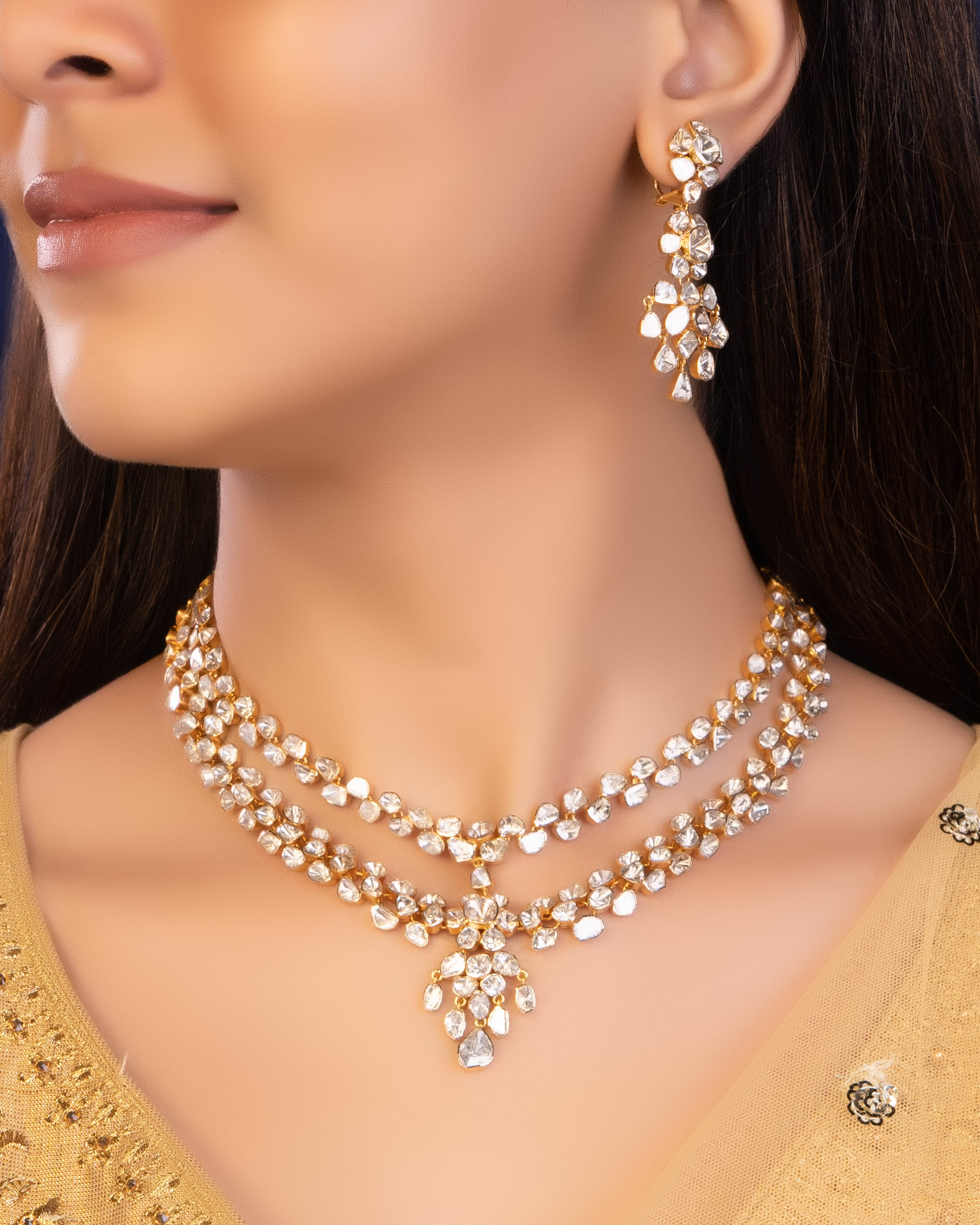 Madhuri Necklace And Arunisha Long Earrings Polki Set