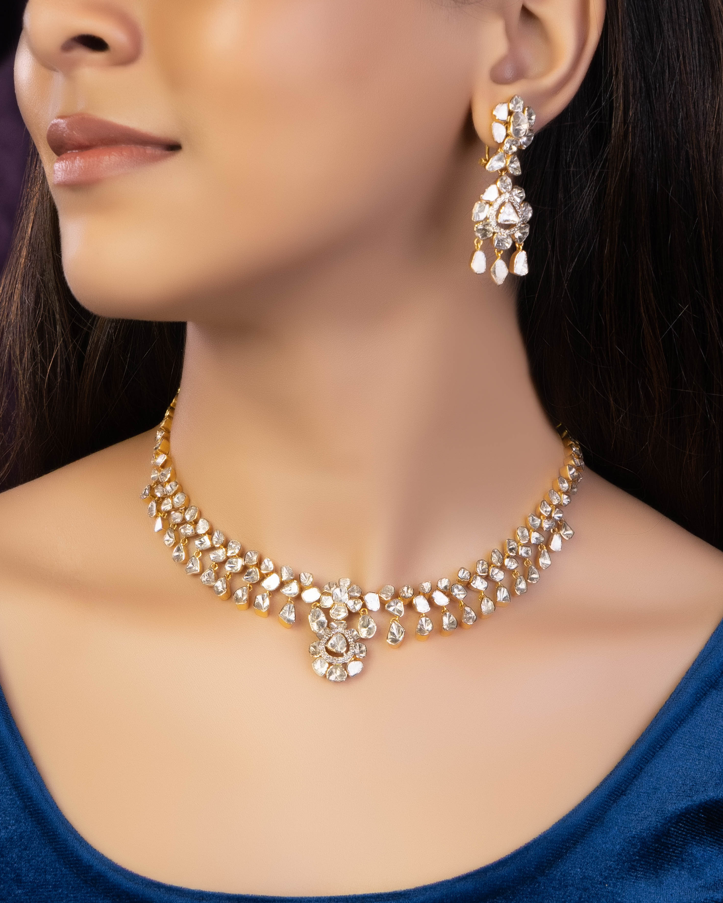 Zeena Necklace And Priyanshi Long Earrings Polki And Diamond Set