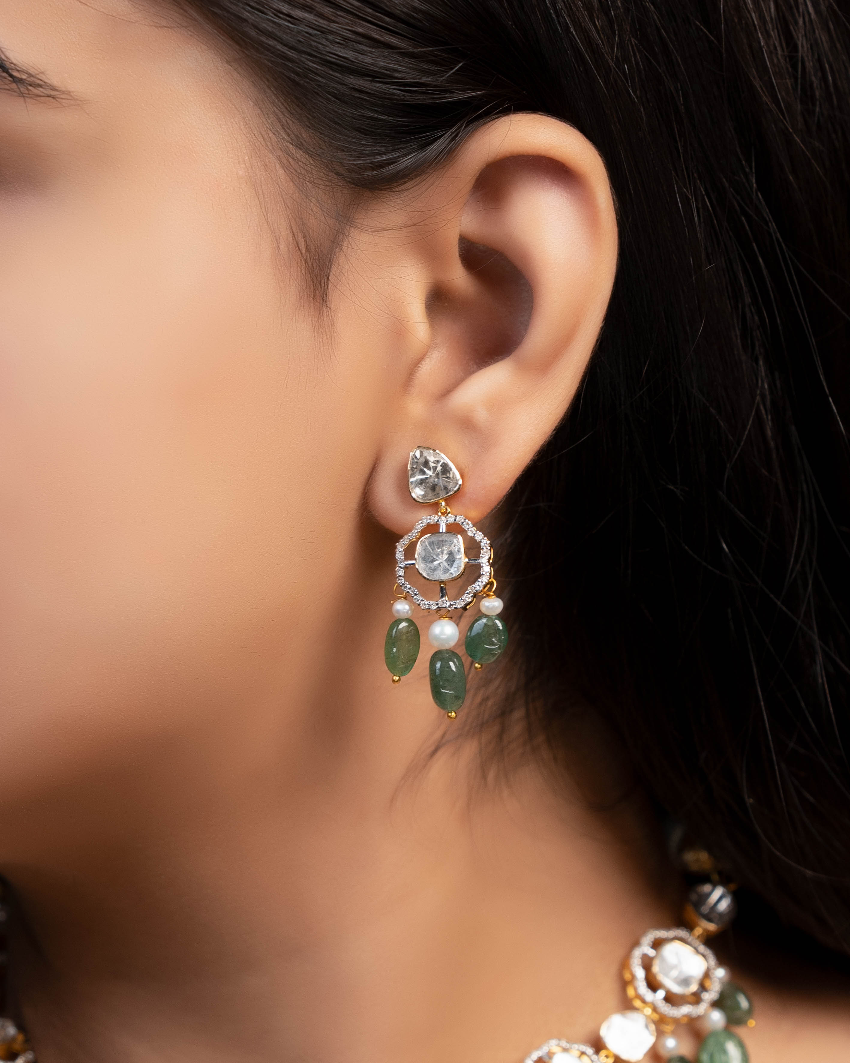 Matsya Choker And Tara Long Earrings Polki And Diamond Set