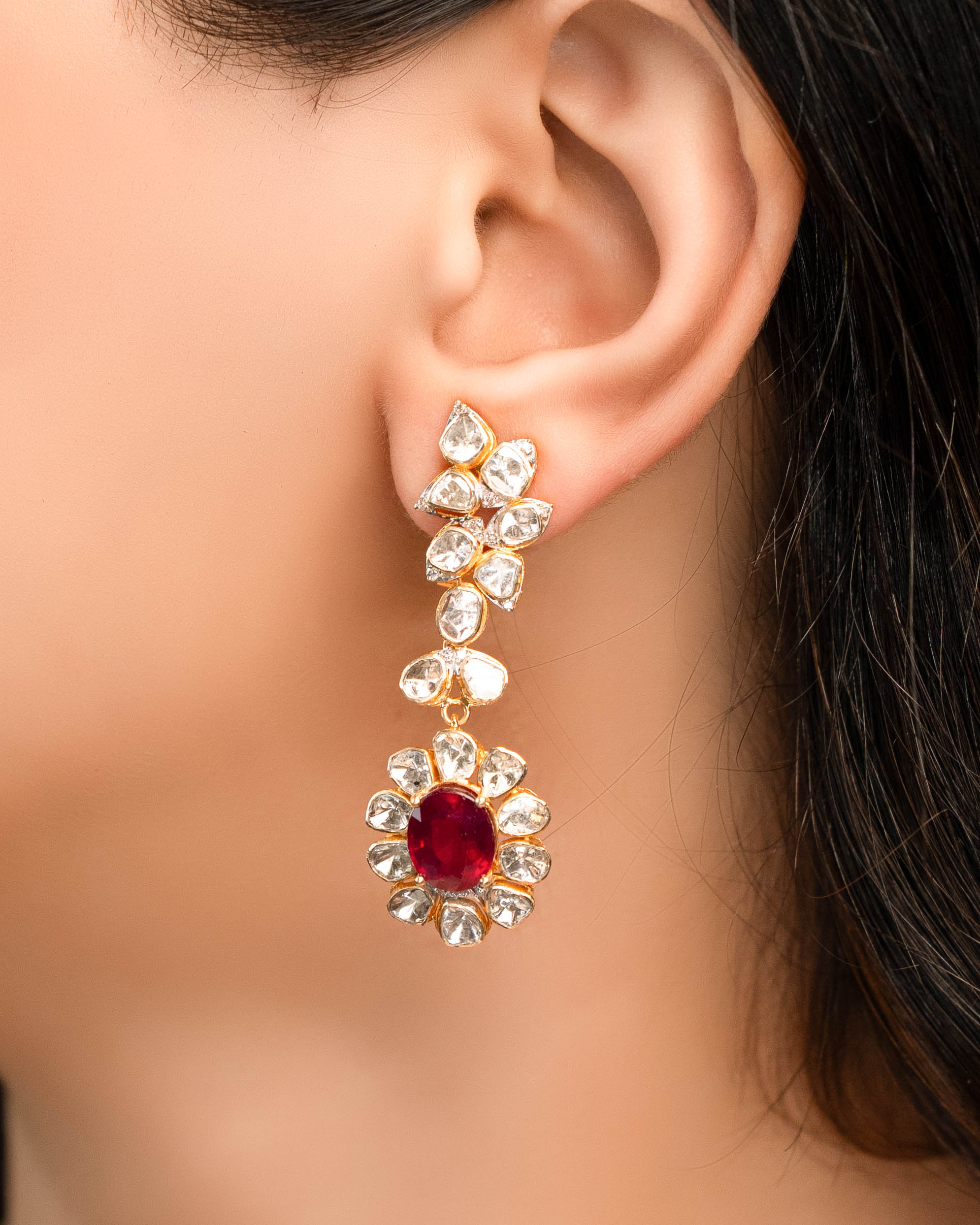 Zina Polki And Diamond Long Earrings