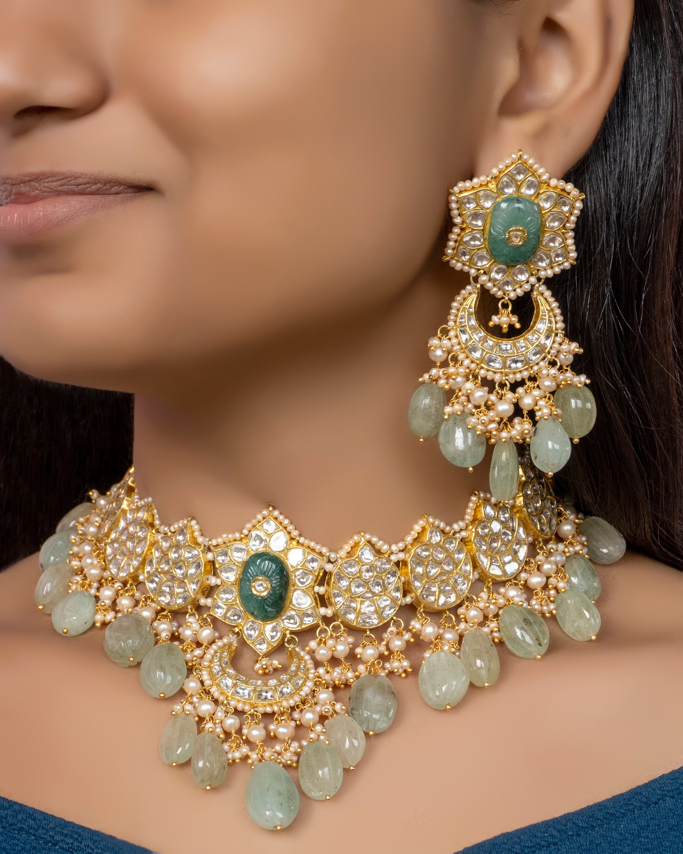 Bushra Necklace and Shifa Chandbalis Polki Set