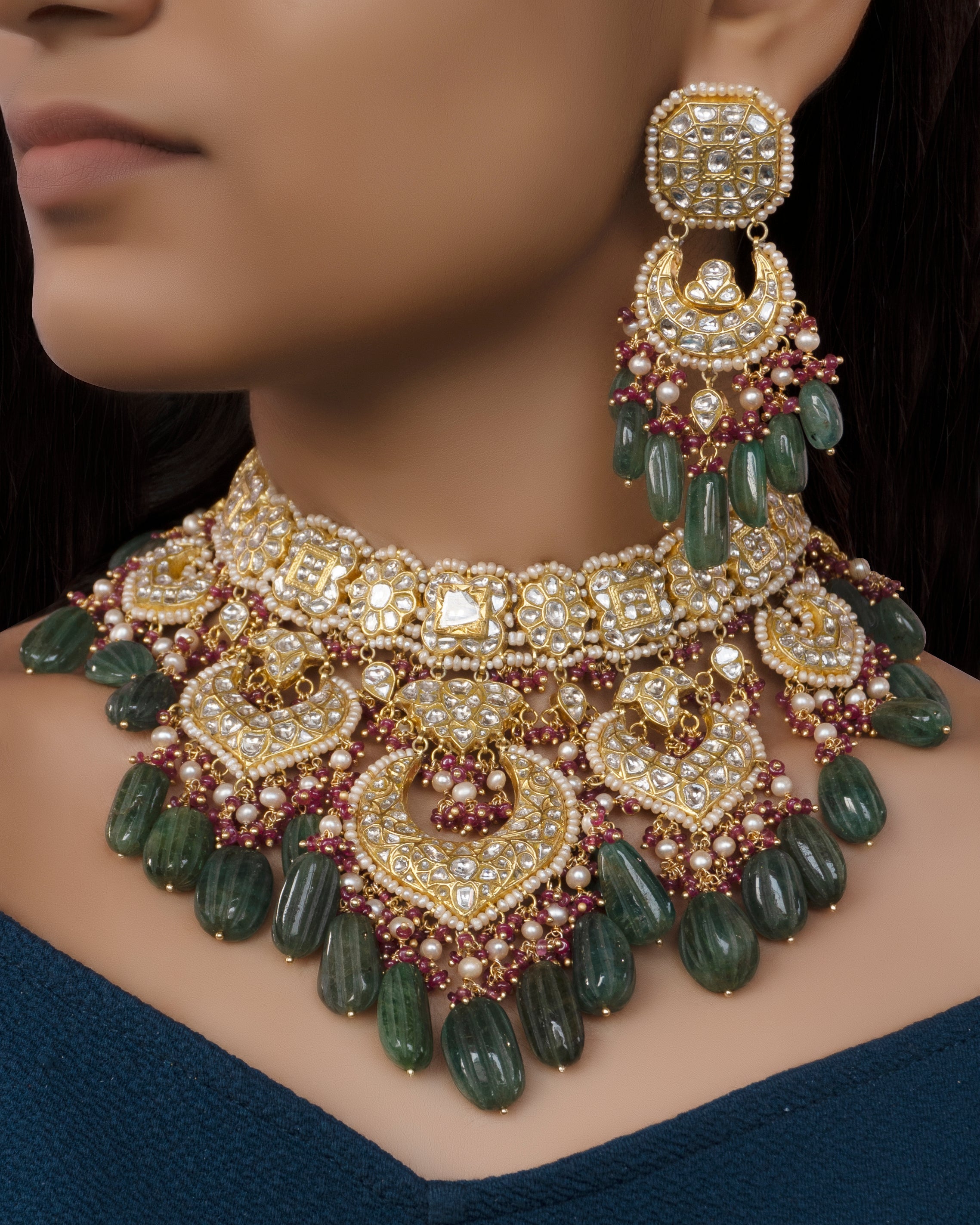 Neeliya Necklace and Kashish Chandbalis Polki Set