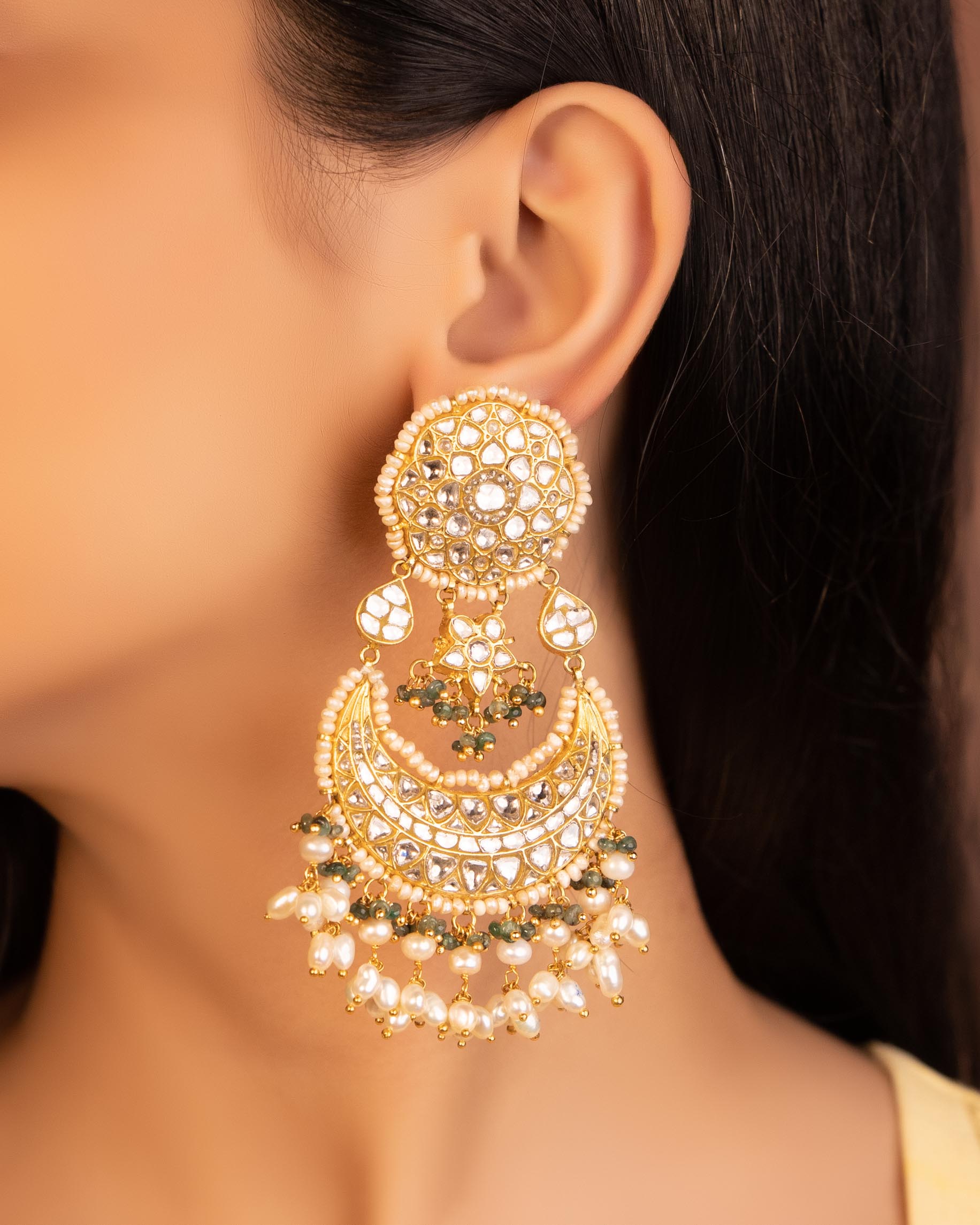 Yamuna Long Necklace And Swarna Chandbalis Polki Set