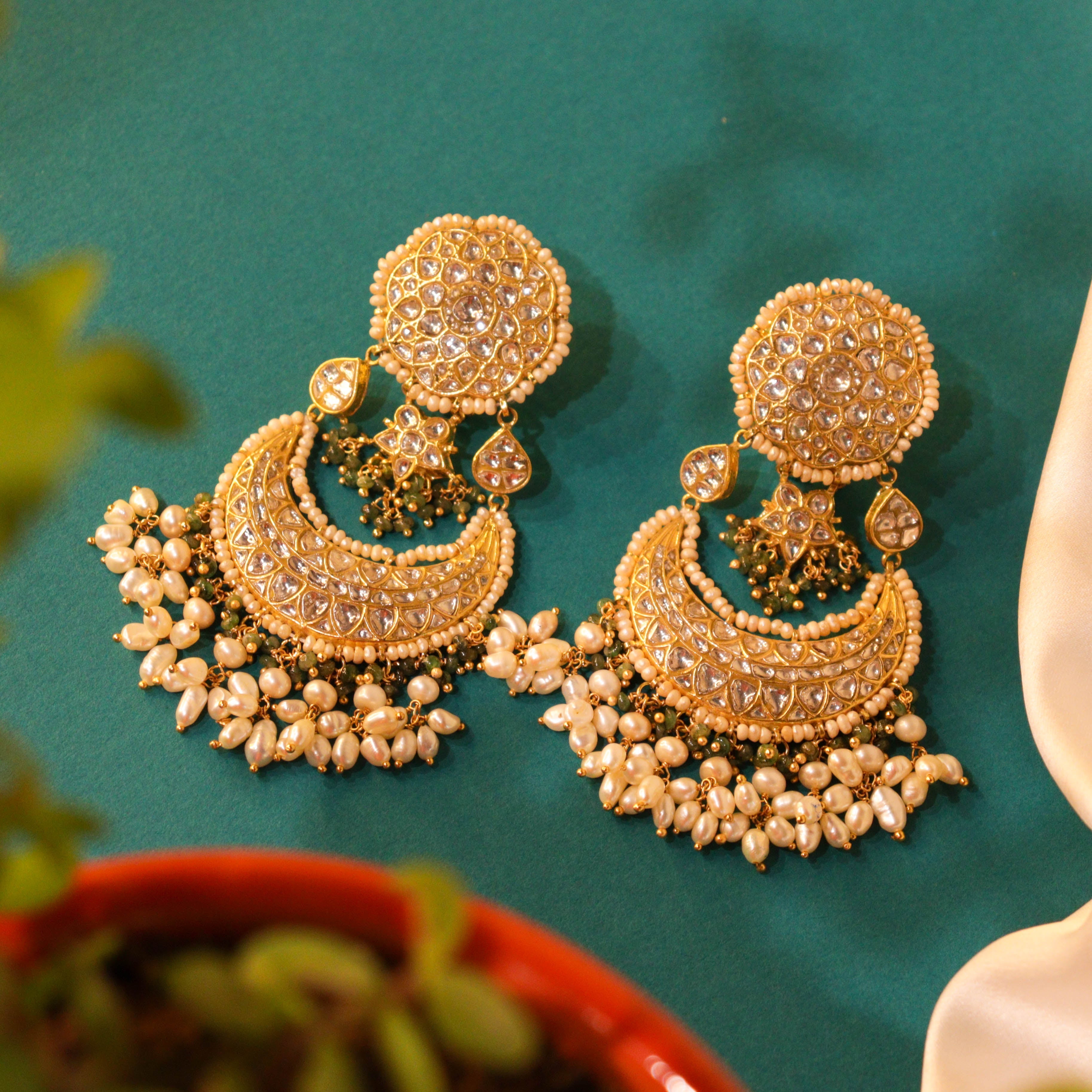 Yamuna Long Necklace And Swarna Chandbalis Polki Set