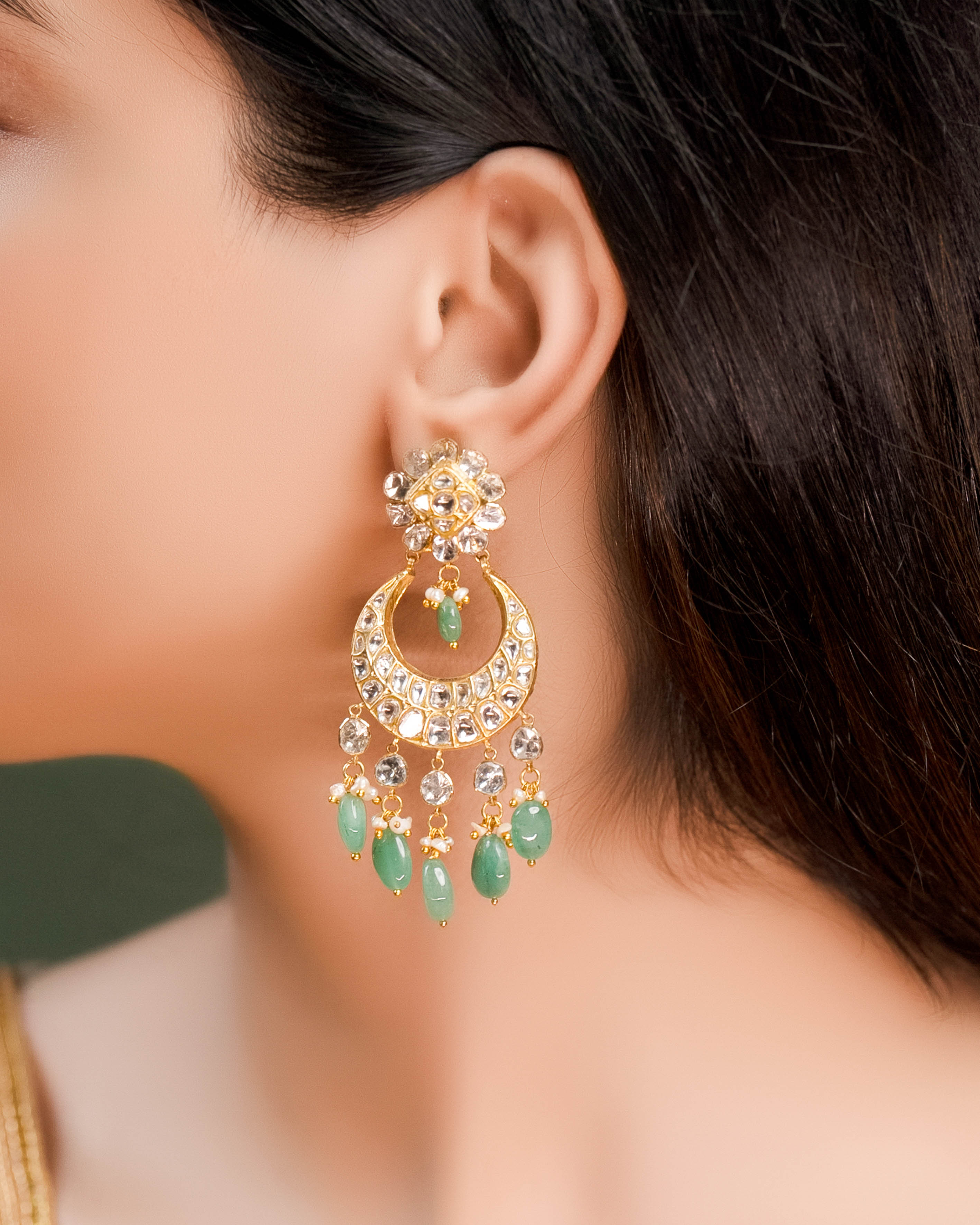 Adhira Long Necklace And Ishani Chandbalis Polki Set