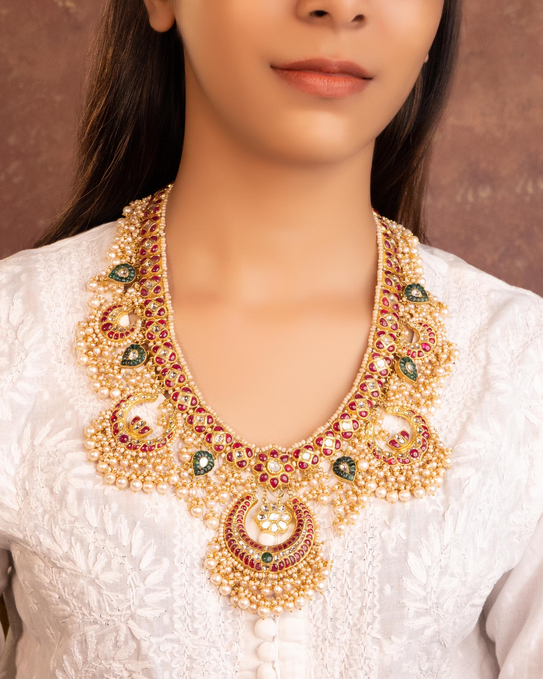 Yashika Long Necklace And Roohi Chandbalis Polki Set