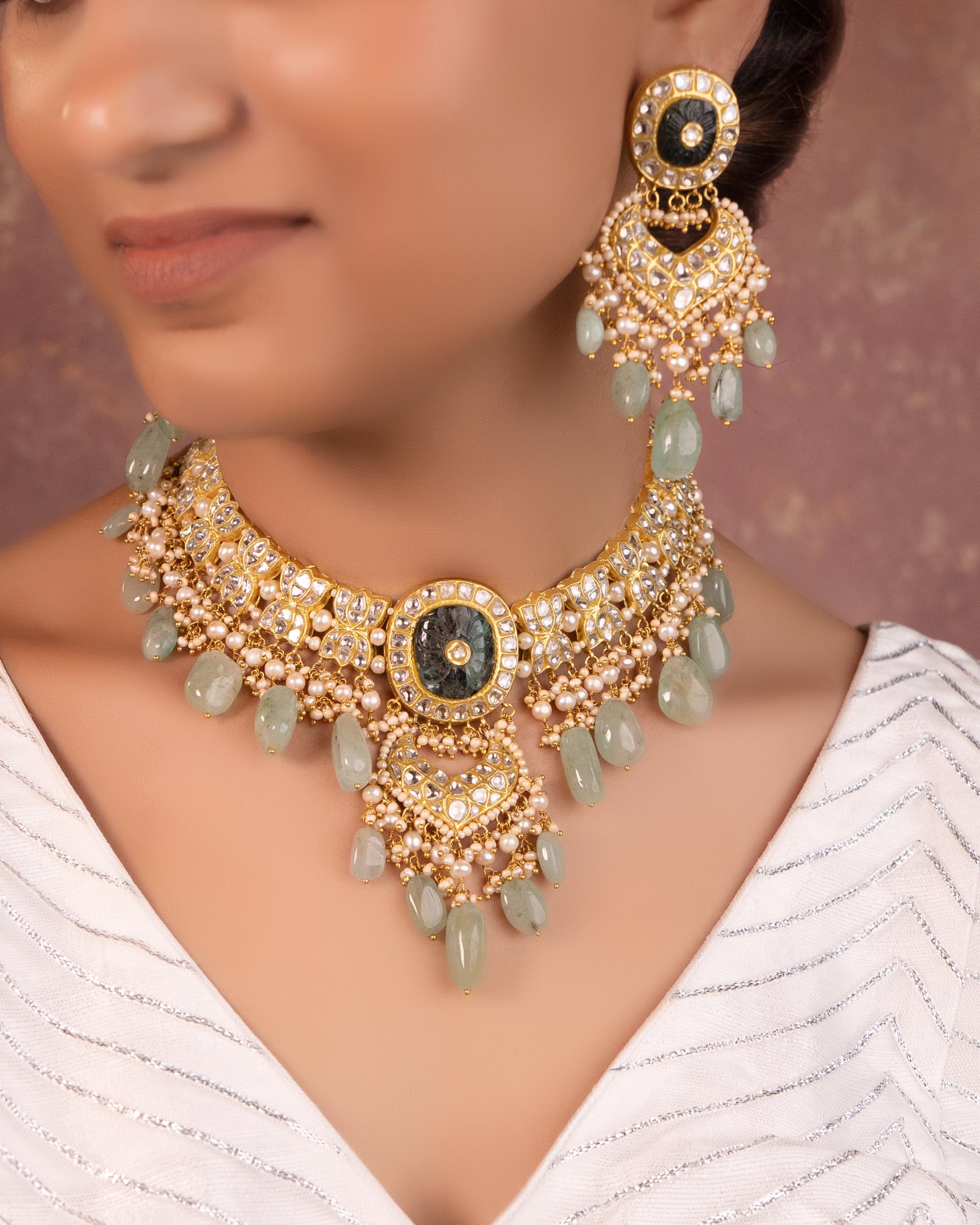 Shehnaz Necklace and Sonam Chandbalis Polki Set