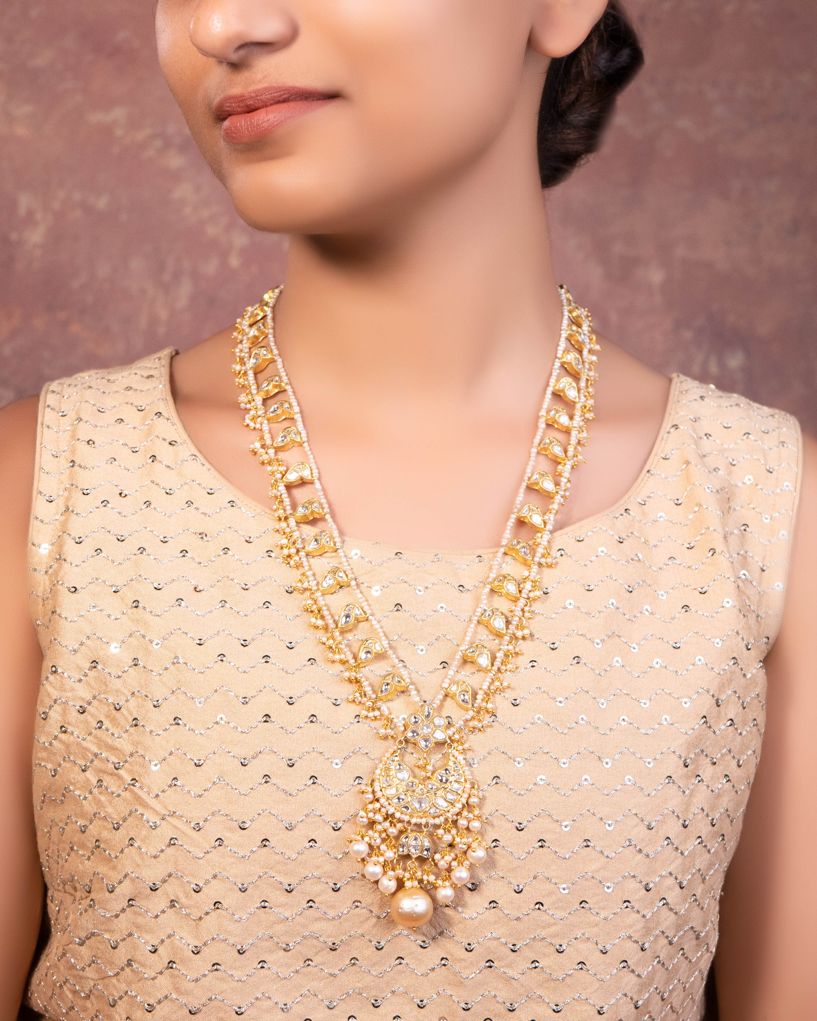 Bhavika Long Necklace And Nasya Tops Polki Set