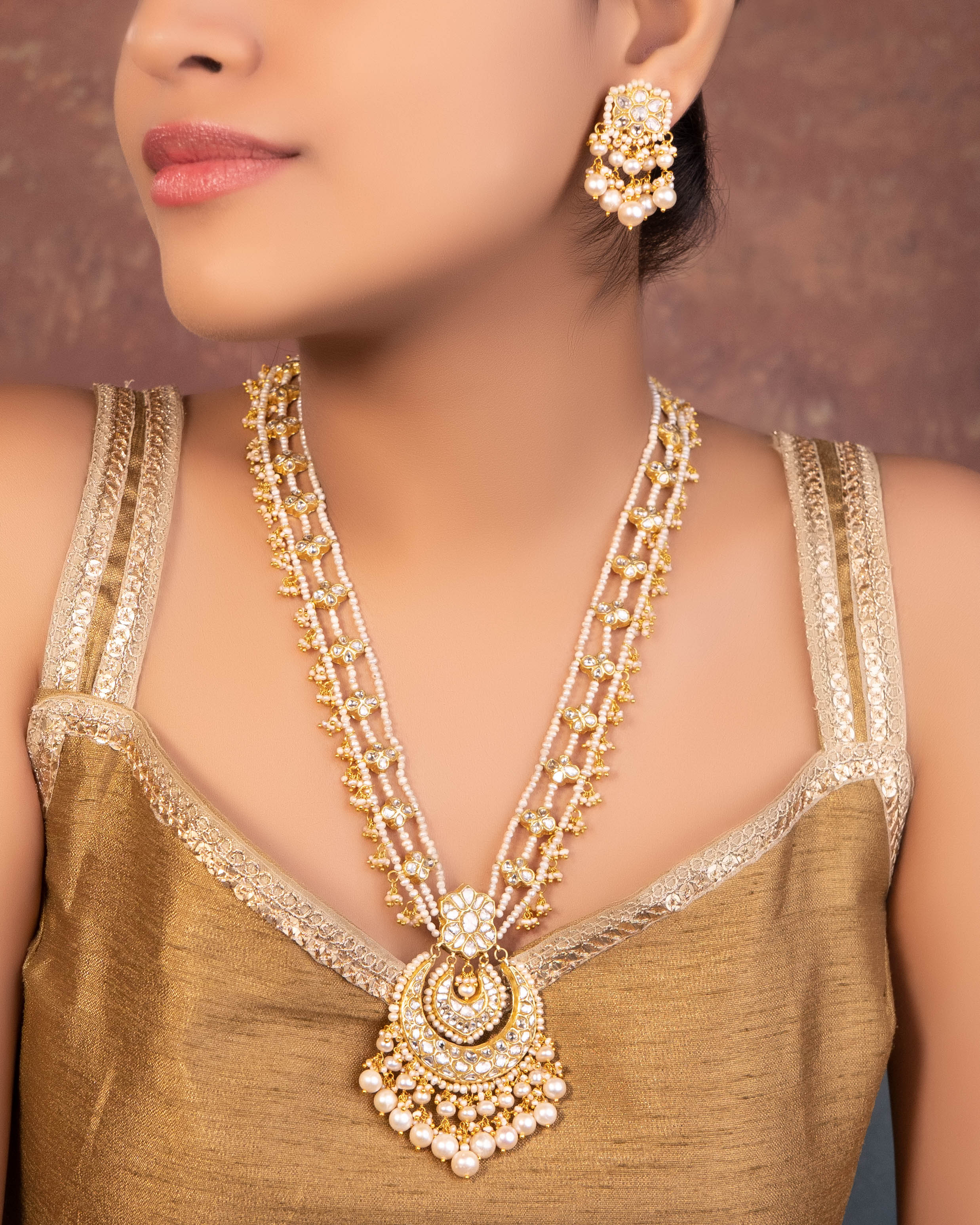 Kaisha Long Necklace And Fahima Tops Polki Set