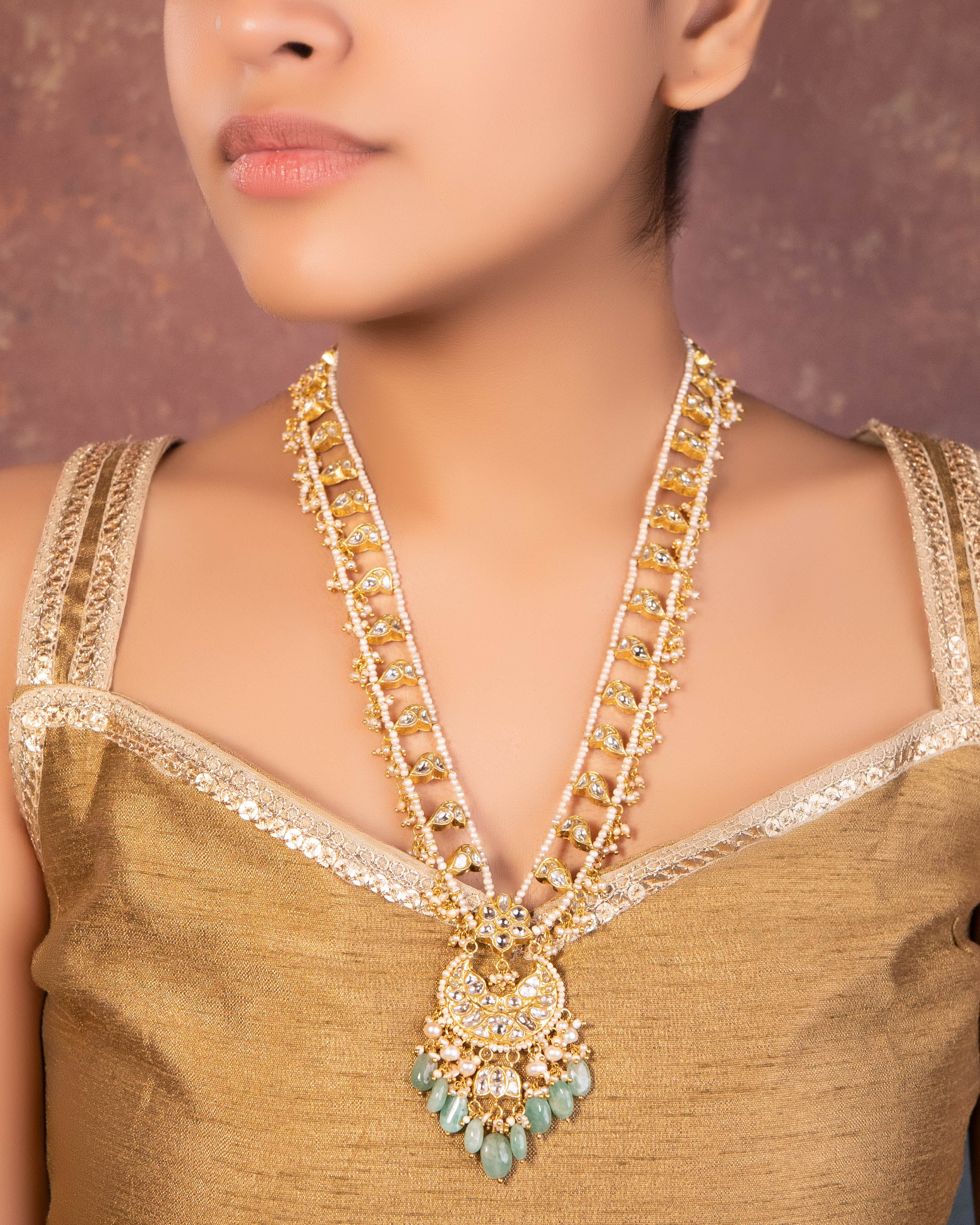 Vishruti Long Necklace And Krunali Tops Polki Set
