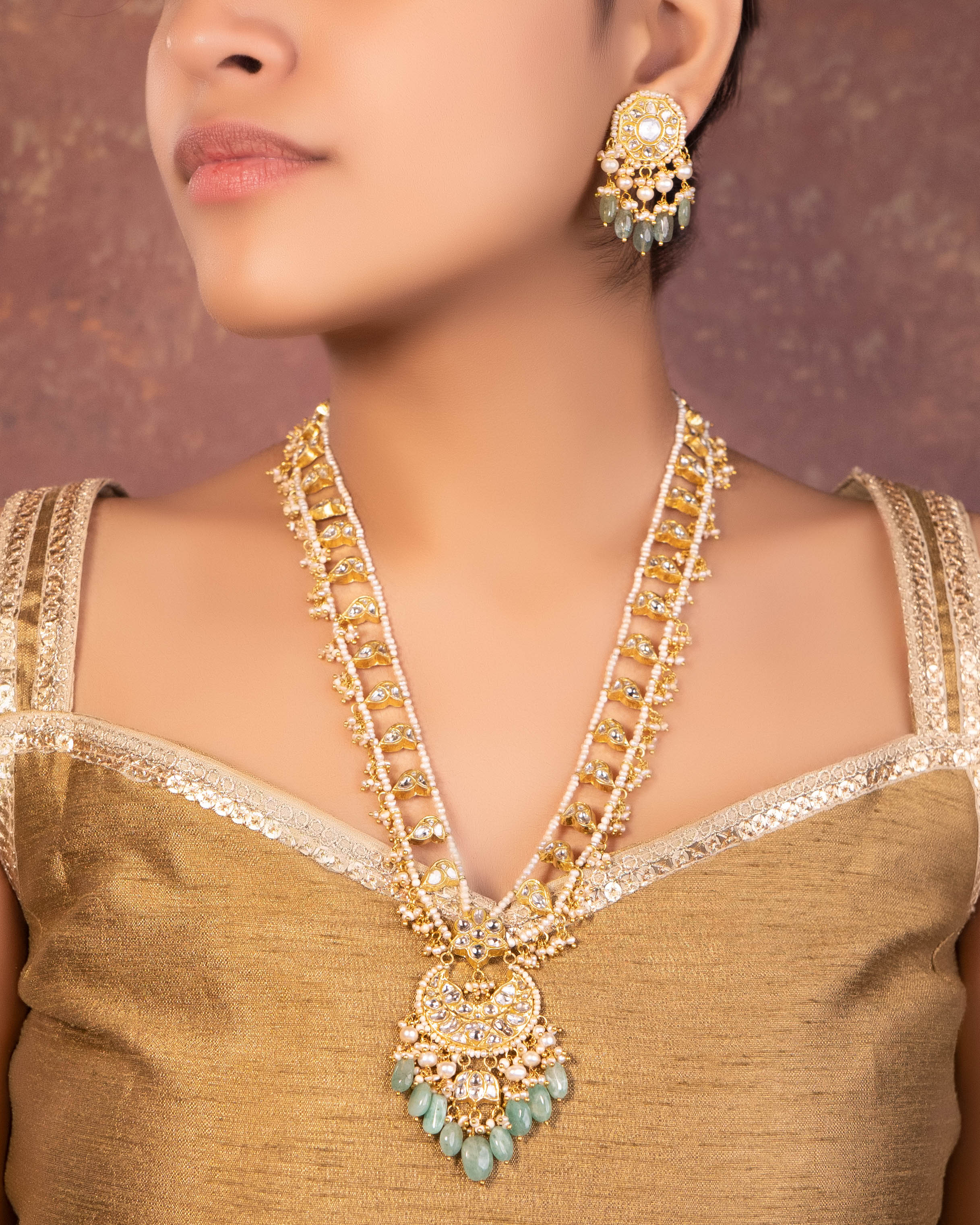 Vishruti Long Necklace And Krunali Tops Polki Set