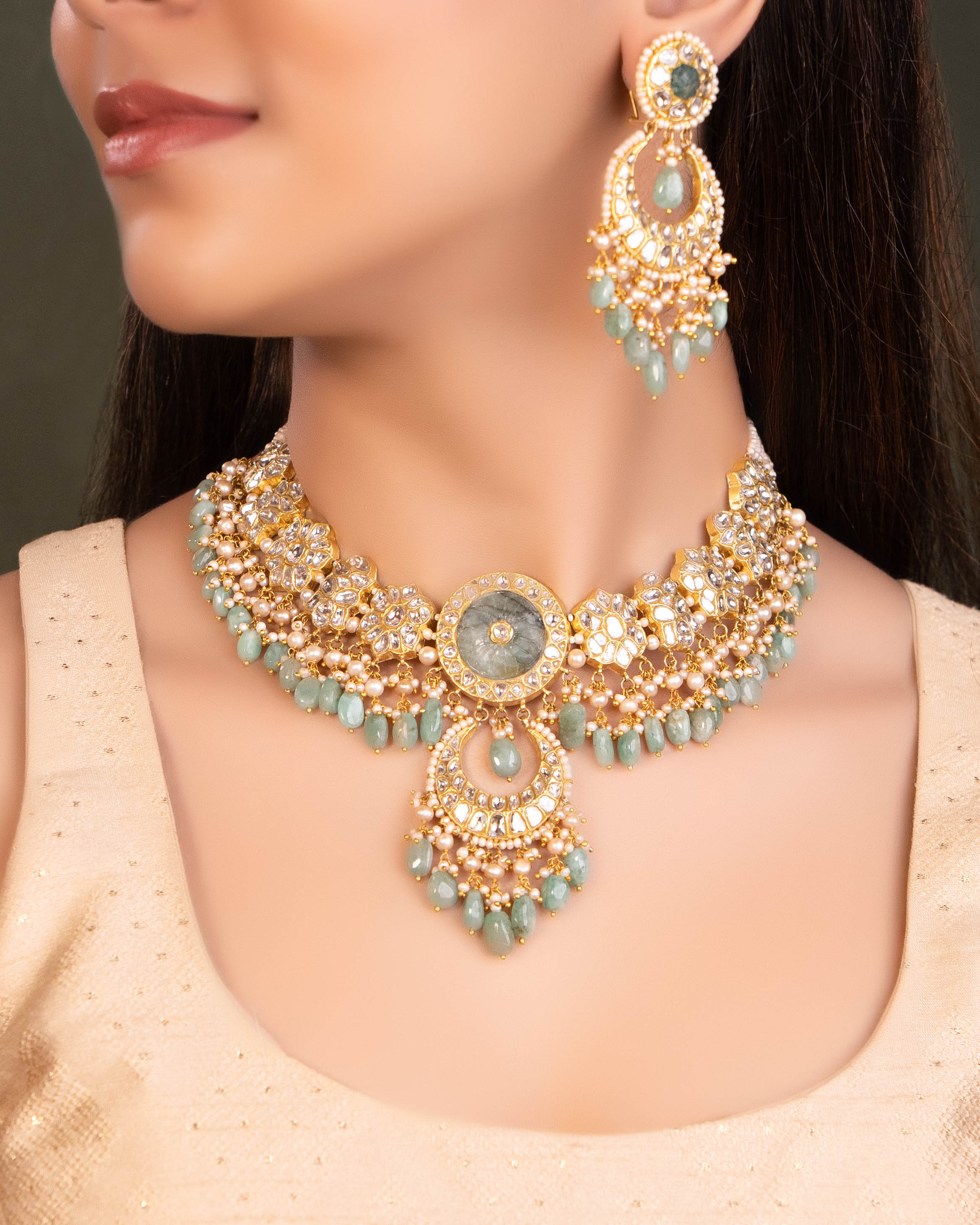 Suhana Necklace And Medha Chandbalis Polki Set