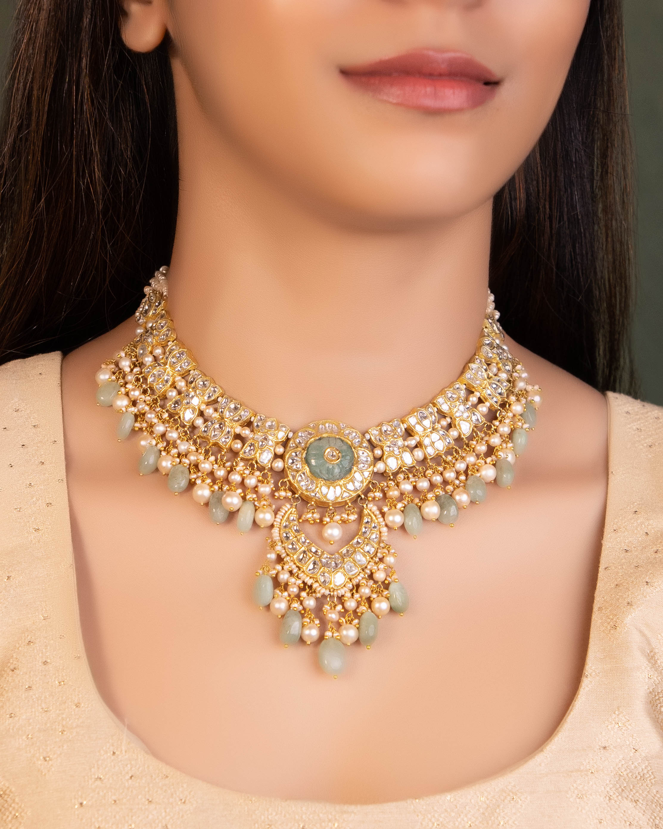 Laxshi Necklace And Kashish Chandbalis Polki Set