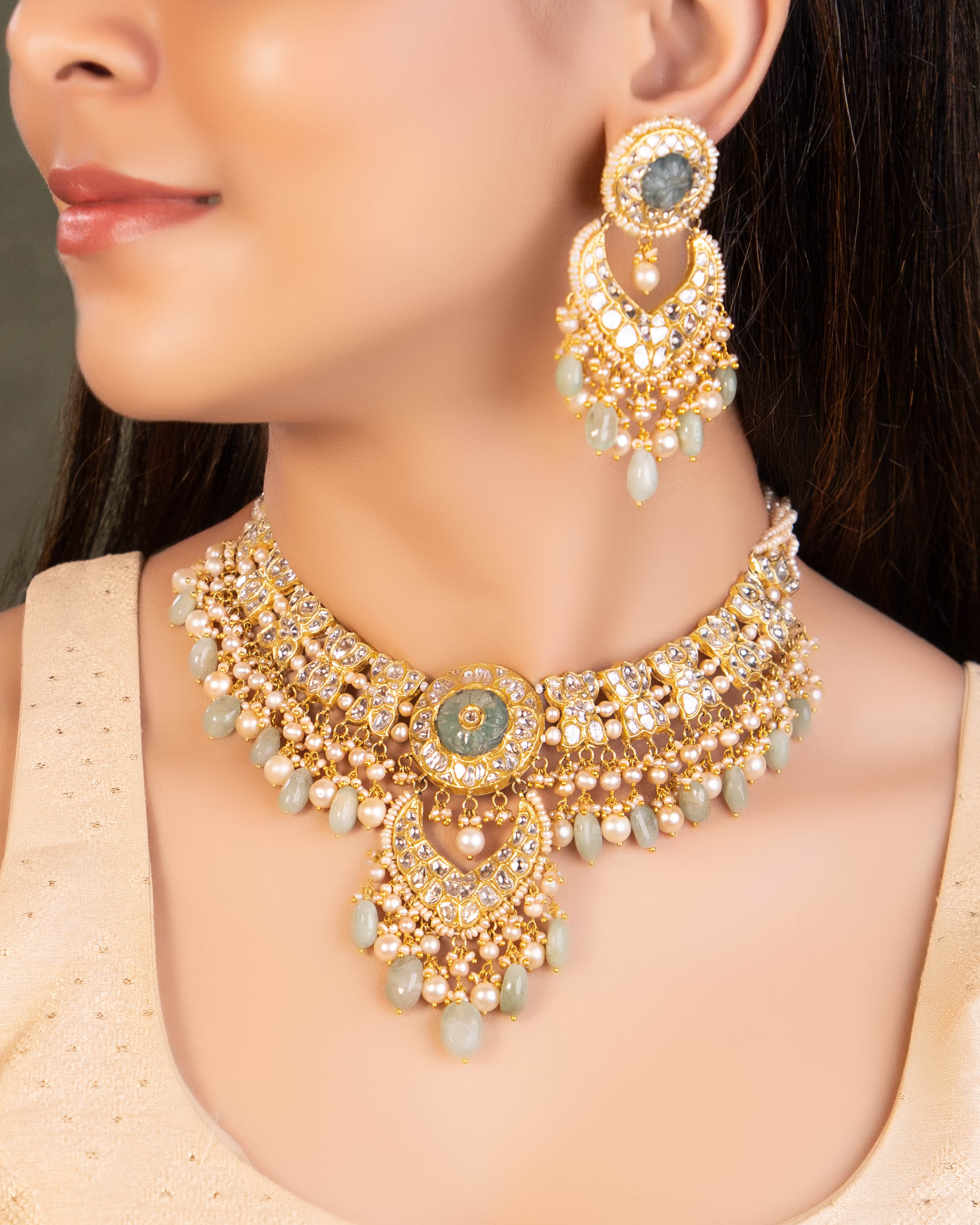 Laxshi Necklace And Kashish Chandbalis Polki Set