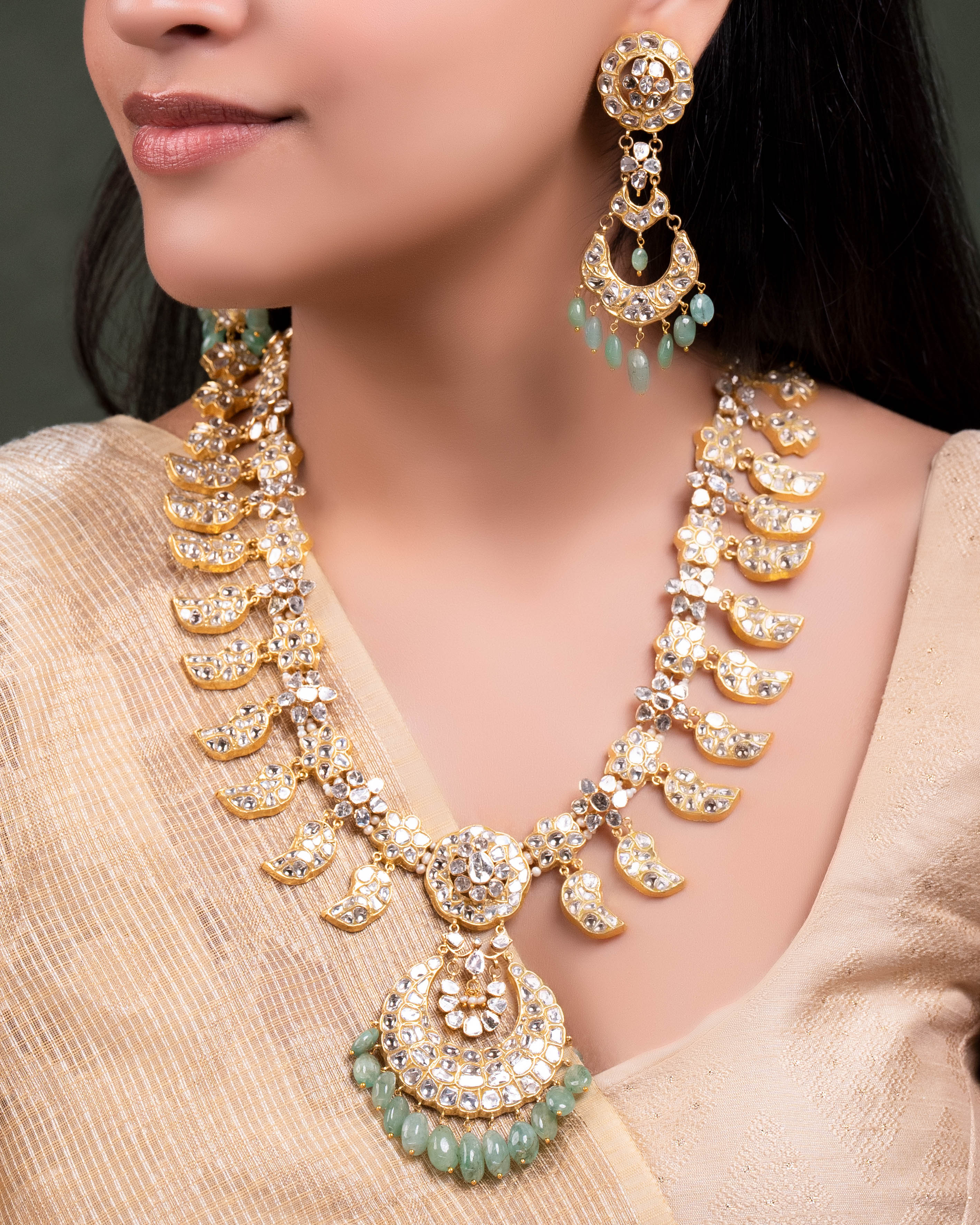 Reyanshi Long Necklace And Kiara Chandbalis Polki Set