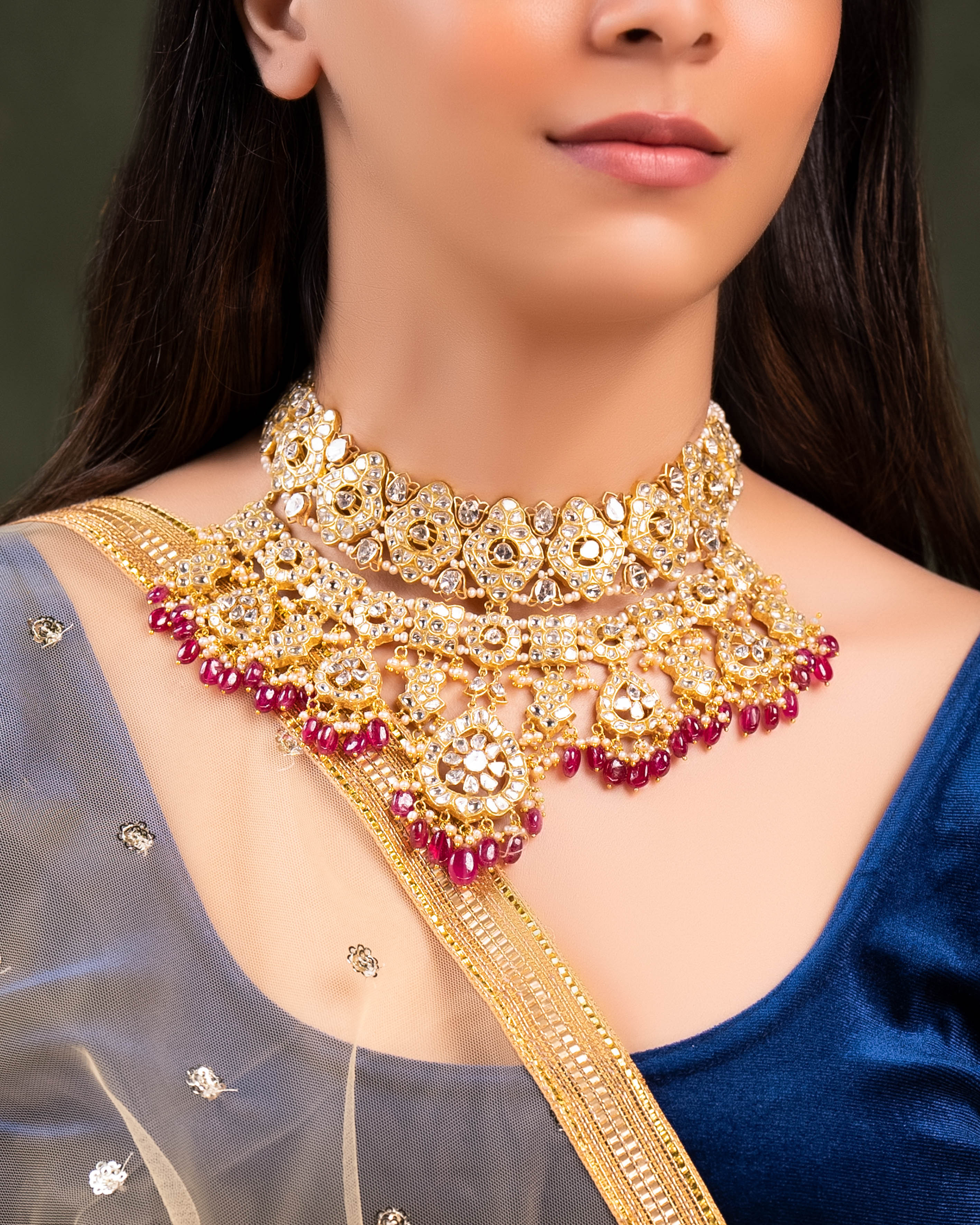 Sage Necklace And Sanchi Long Earrings Polki Set