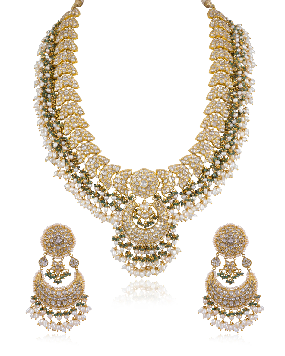 Yamuna Long Necklace And Swarna Chandbalis Polki Set