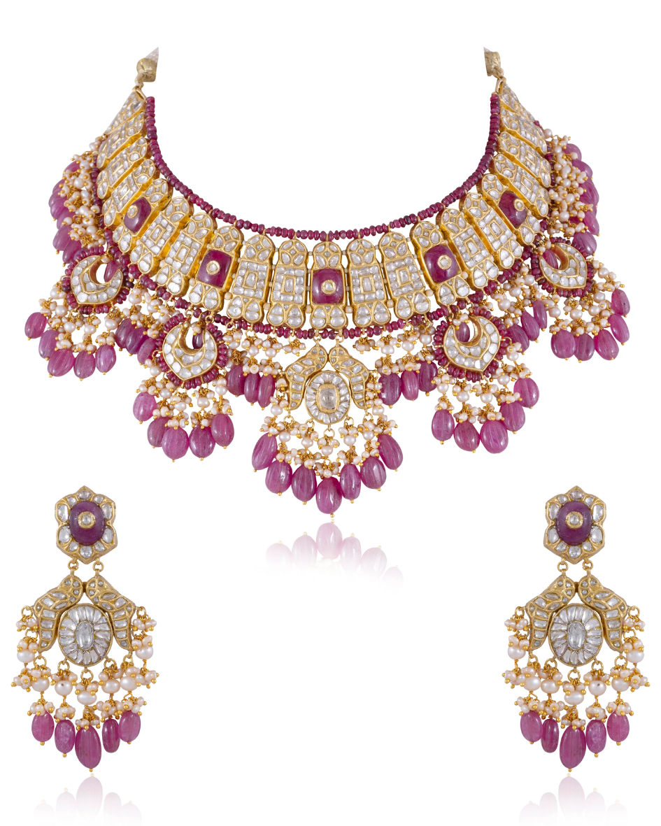 Reeva Necklace And Sanchi Long Earrings Polki Set
