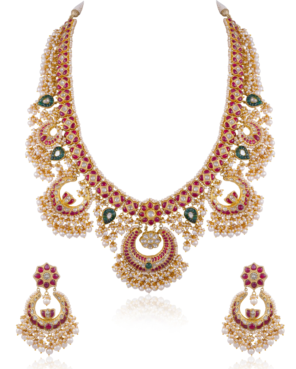 Yashika Long Necklace And Roohi Chandbalis Polki Set