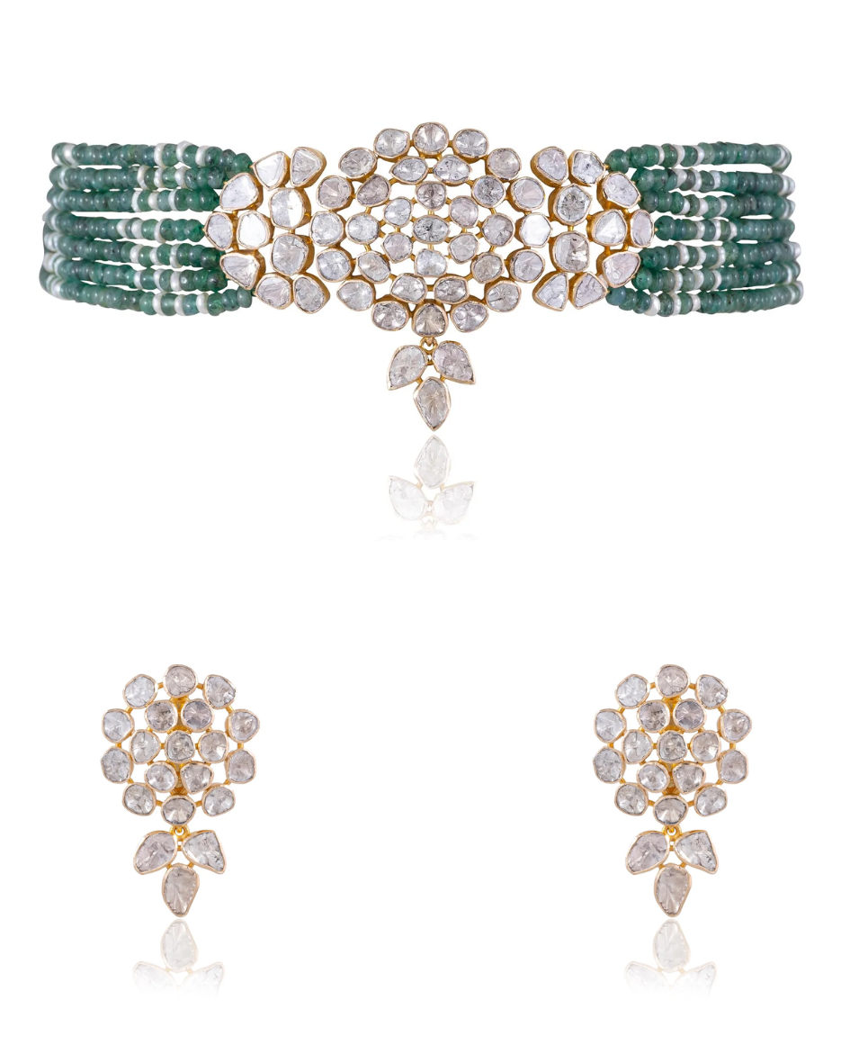 Rutuja Bead Choker And Elisha Long Earrings Polki Set