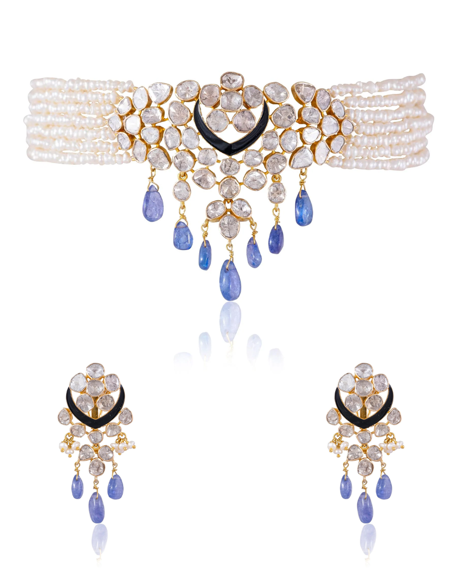 Ritu Bead Choker And Sophia Long Earrings Polki Set