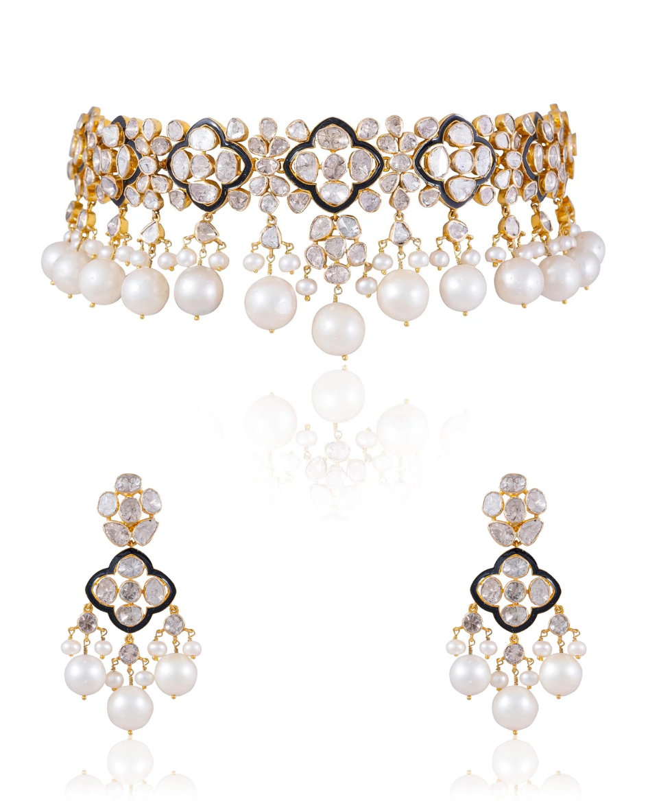 Vida Choker And Casandra Long Earrings Polki Set