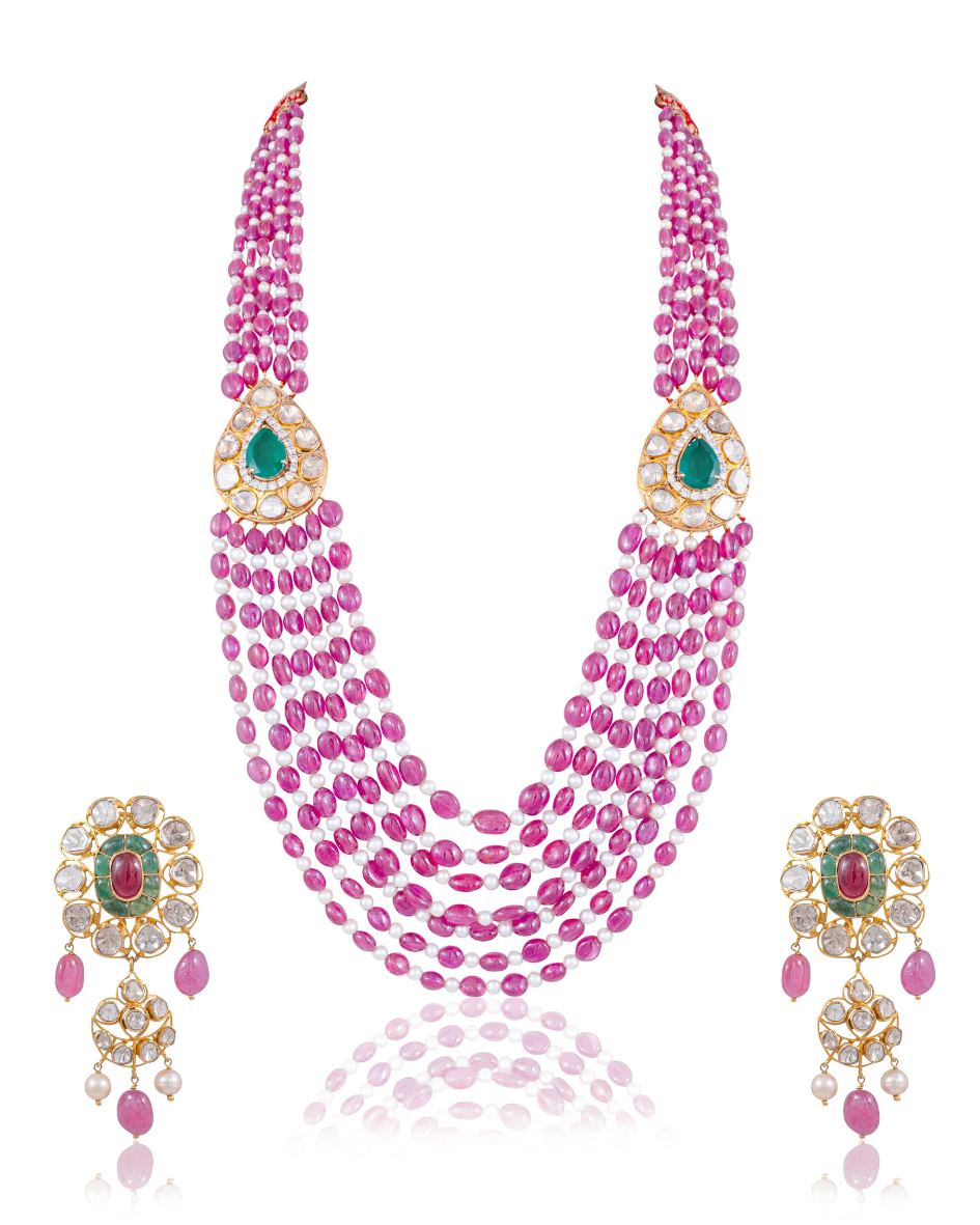 Smriti Bead Pendant And Desa Long Earrings Polki And Diamond Set - NO ORDERS