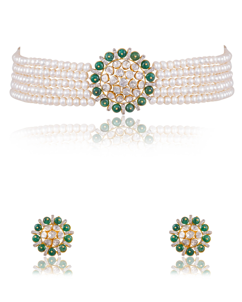 Ameena Bead Choker And Malani Tops Polki And Diamond Set