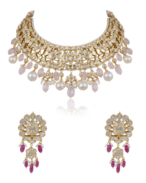 Taniya Necklace And Tronbe Long Earrings Jadau Polki Set