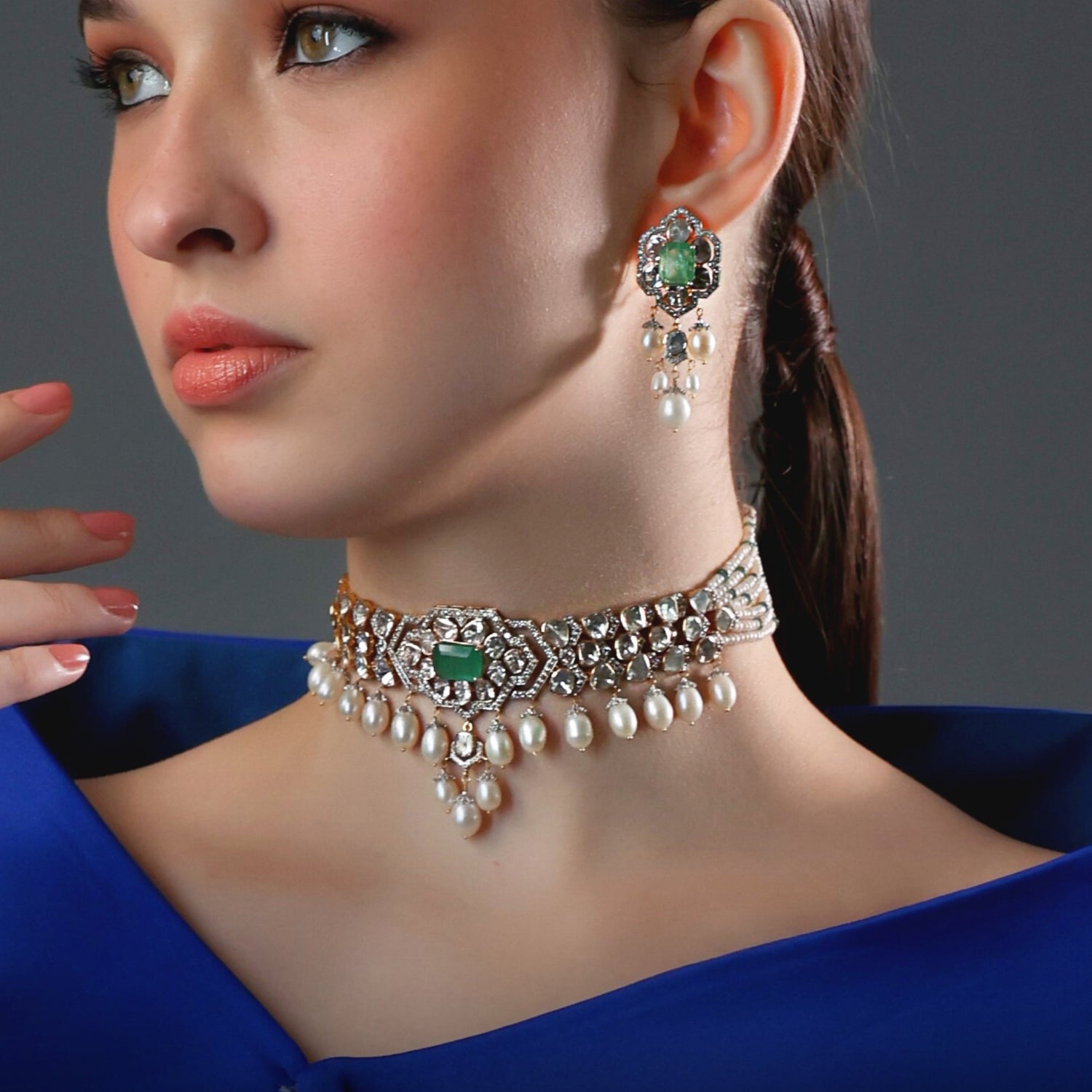 Anjali Choker And Shika Long Earrings Polki And Diamond Set