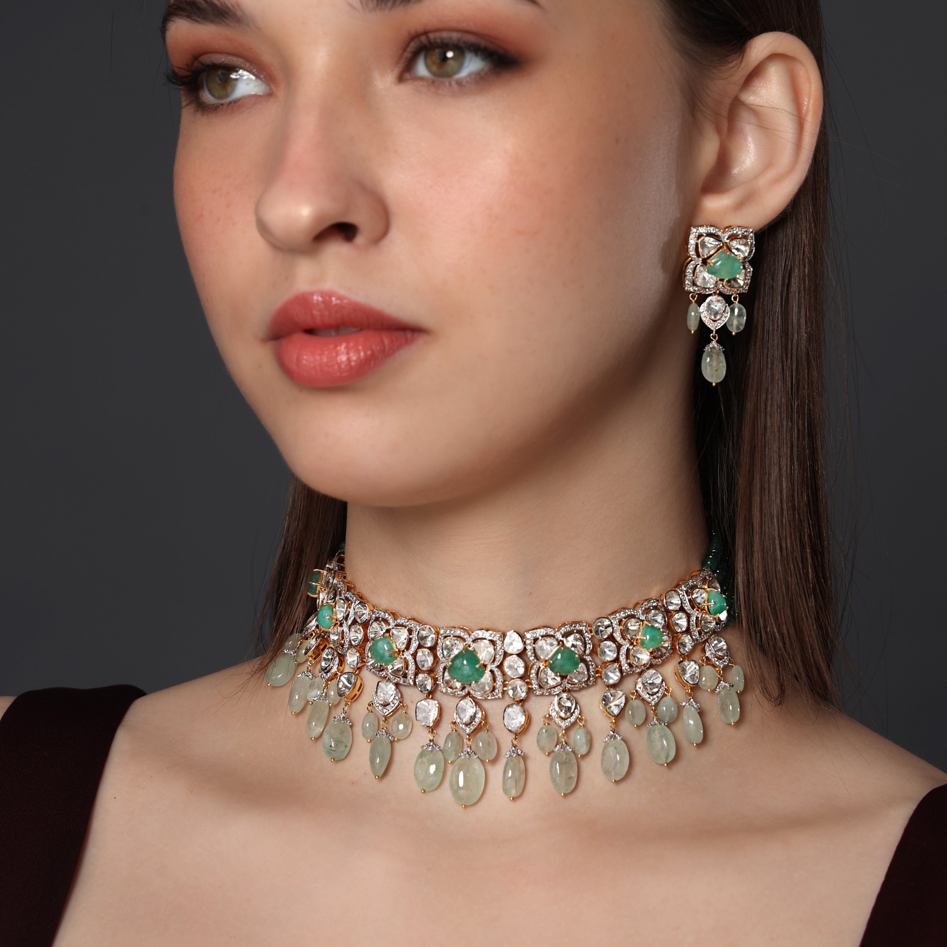 Ravina Choker And Minakshi Long Earrings Polki And Diamond Set