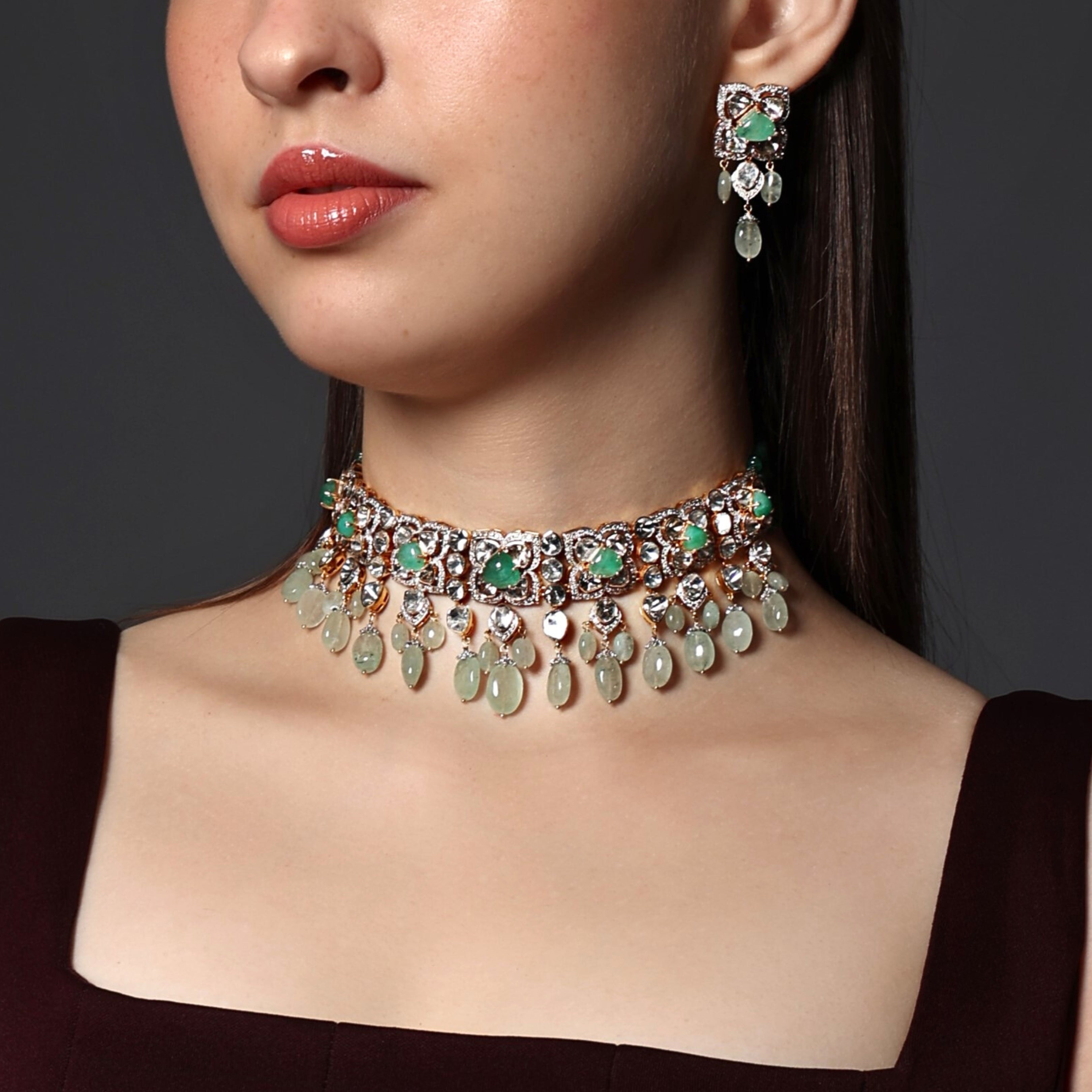 Ravina Choker And Minakshi Long Earrings Polki And Diamond Set