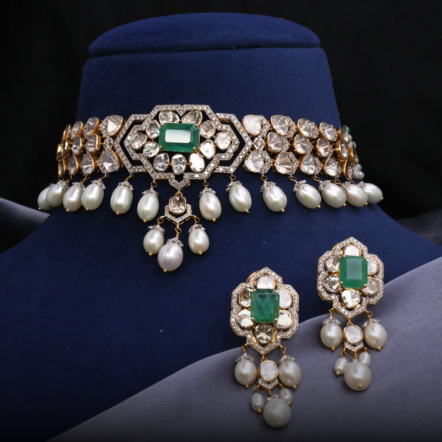 Anjali Choker And Shika Long Earrings Polki And Diamond Set