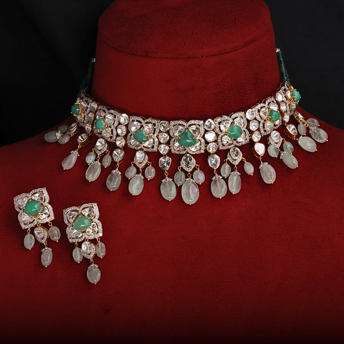 Ravina Choker And Minakshi Long Earrings Polki And Diamond Set