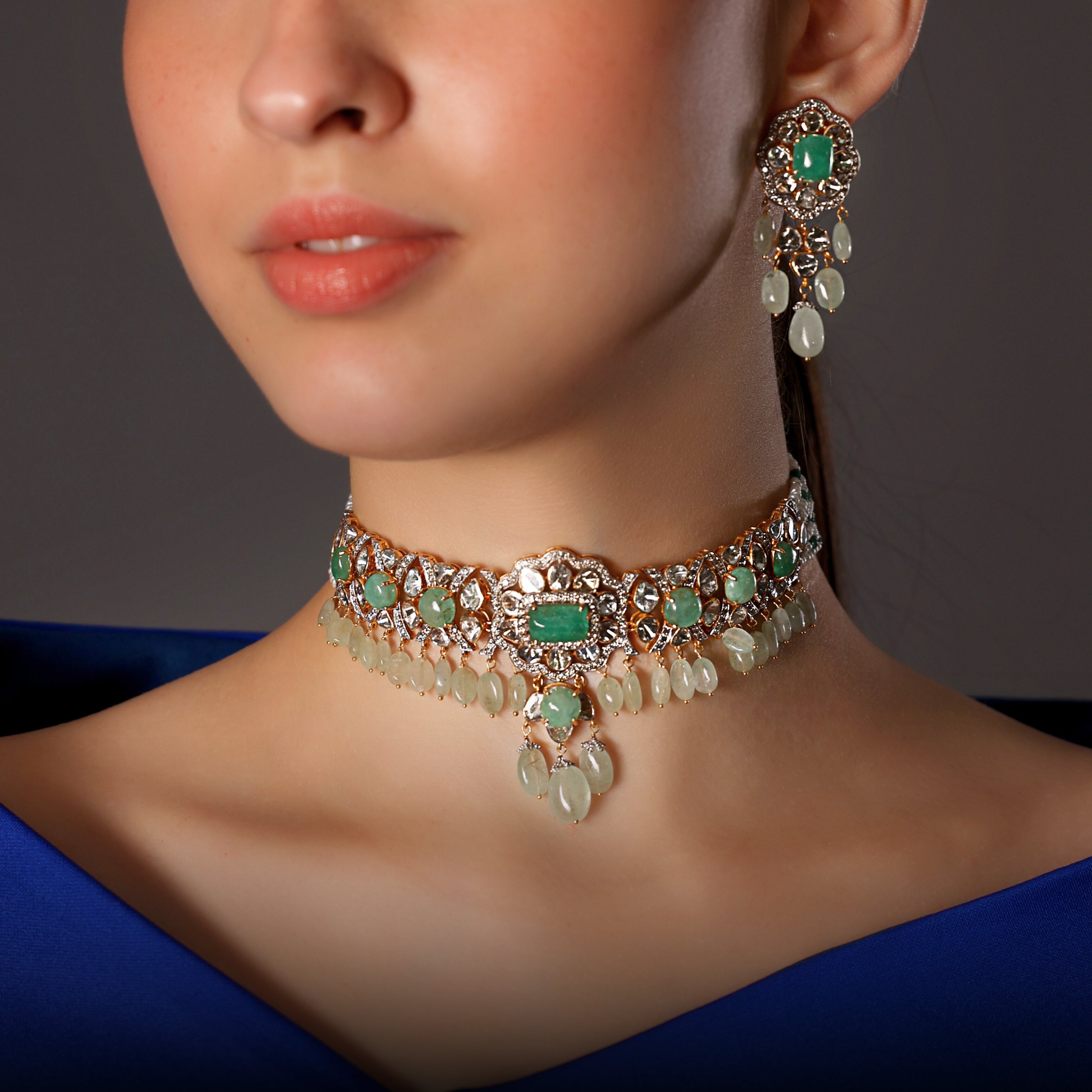 Heena Choker And Riva Long Earrings Polki And Diamond Set