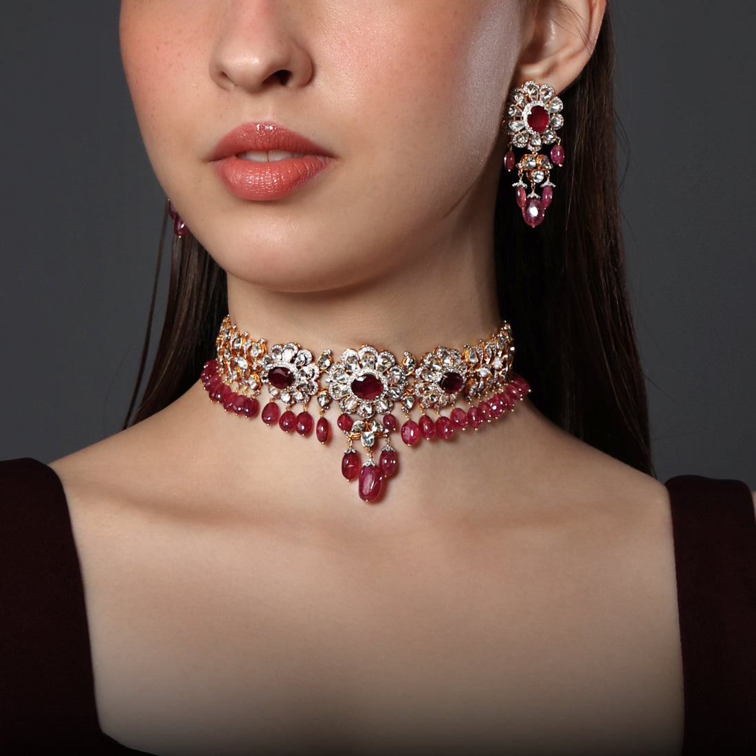 Raveena Choker And Mitali Long Earrings Polki And Diamond Set