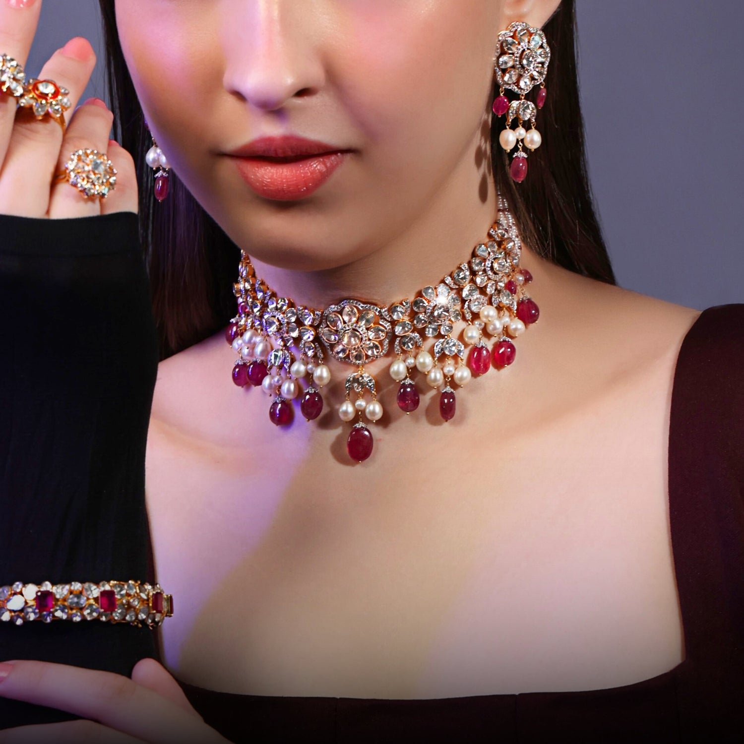 Mrunal Choker And Praveen Long Earrings Polki And Diamond Set