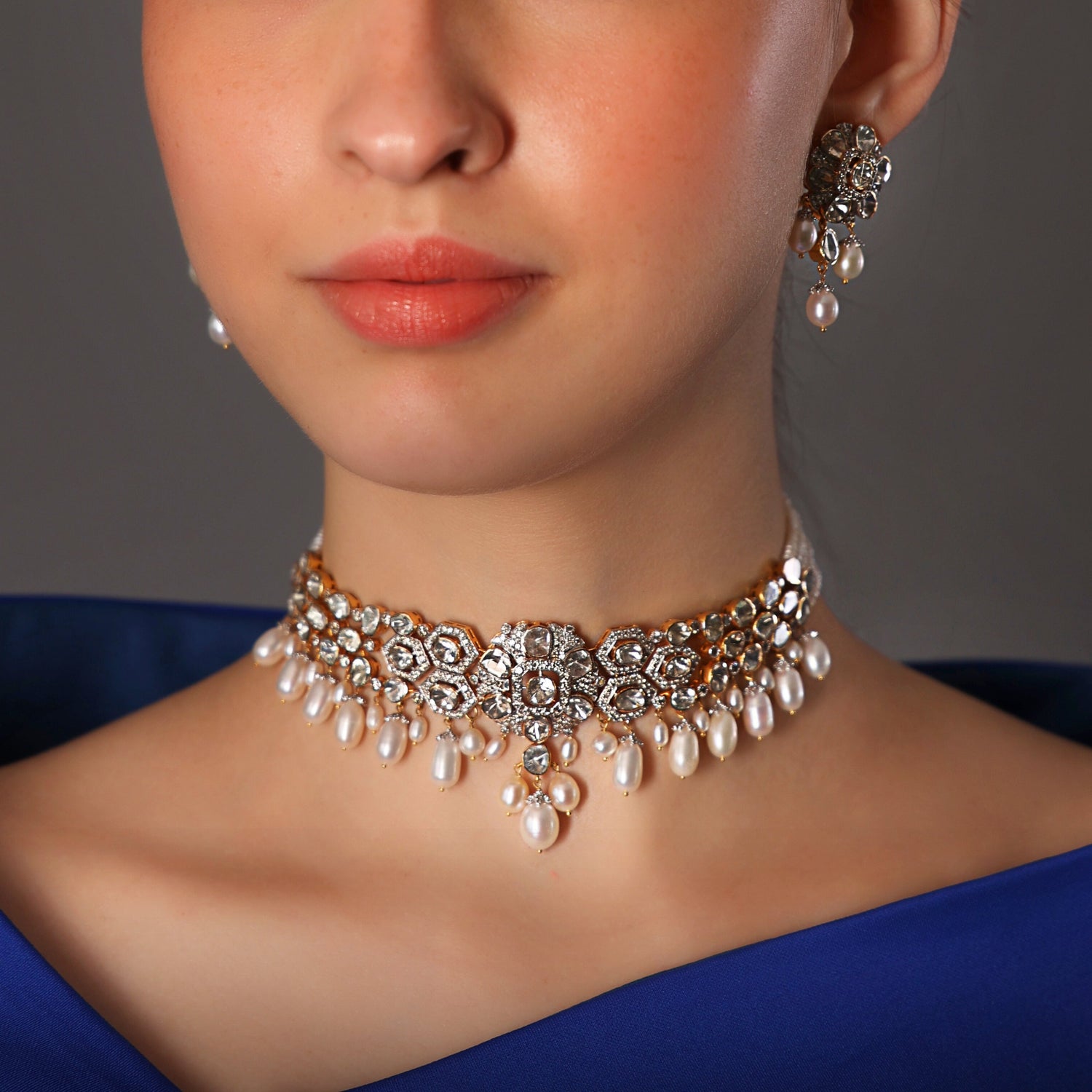 Kanishka Choker And Meera Long Earrings Polki And Diamond Set