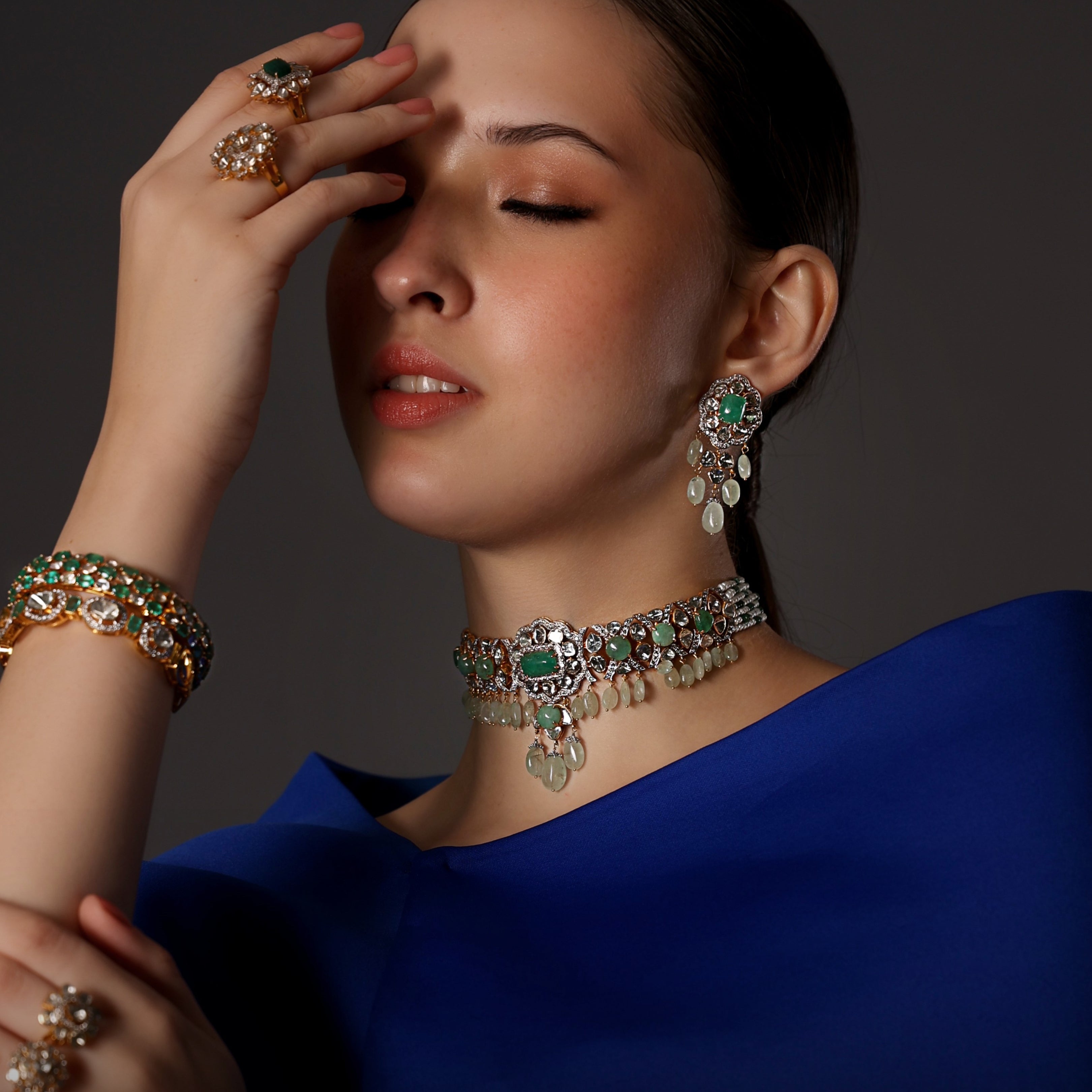 Heena Choker And Riva Long Earrings Polki And Diamond Set