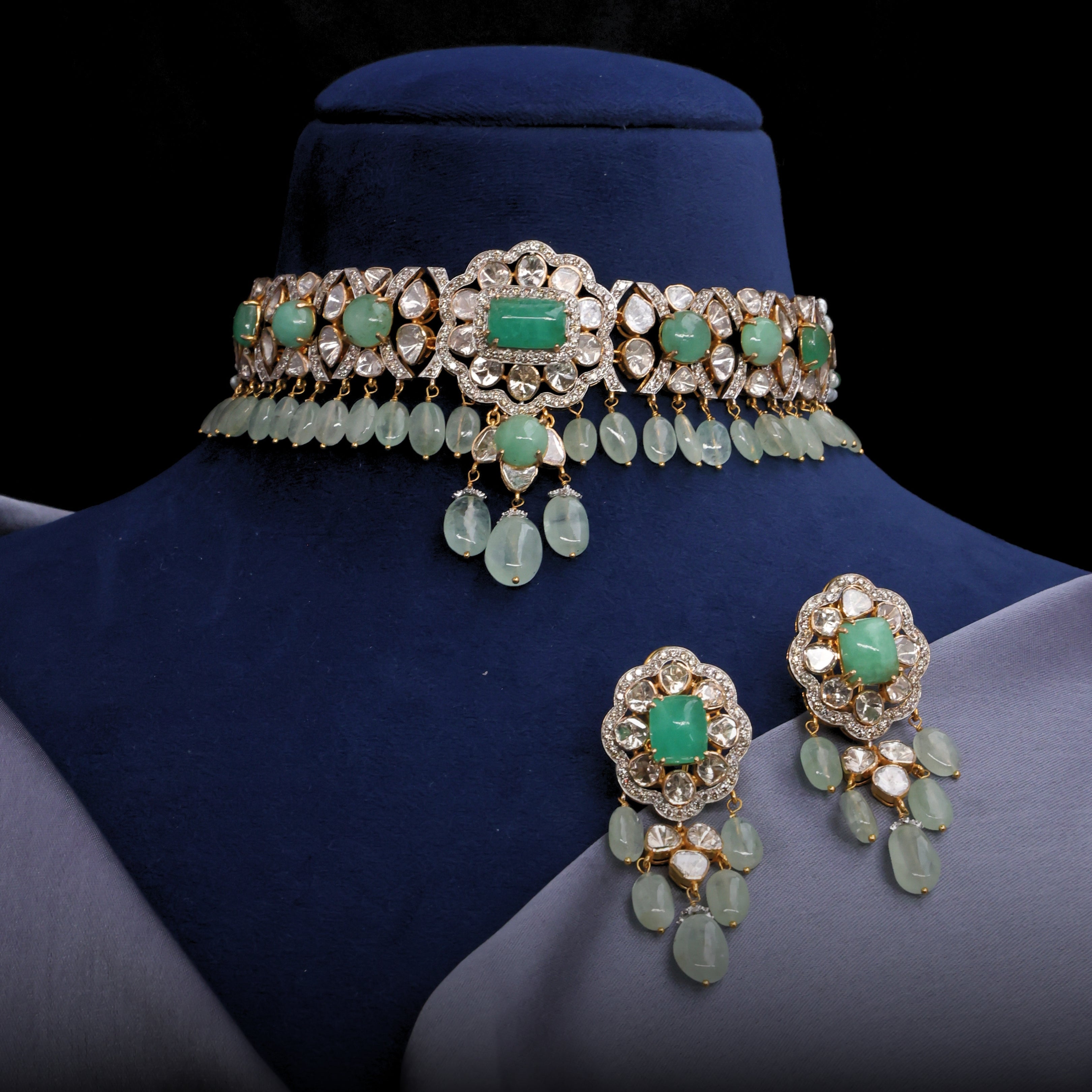 Heena Choker And Riva Long Earrings Polki And Diamond Set