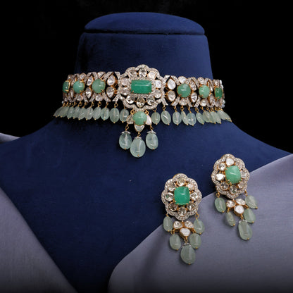 Heena Choker And Riva Long Earrings Polki And Diamond Set