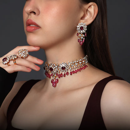 Raveena Choker And Mitali Long Earrings Polki And Diamond Set