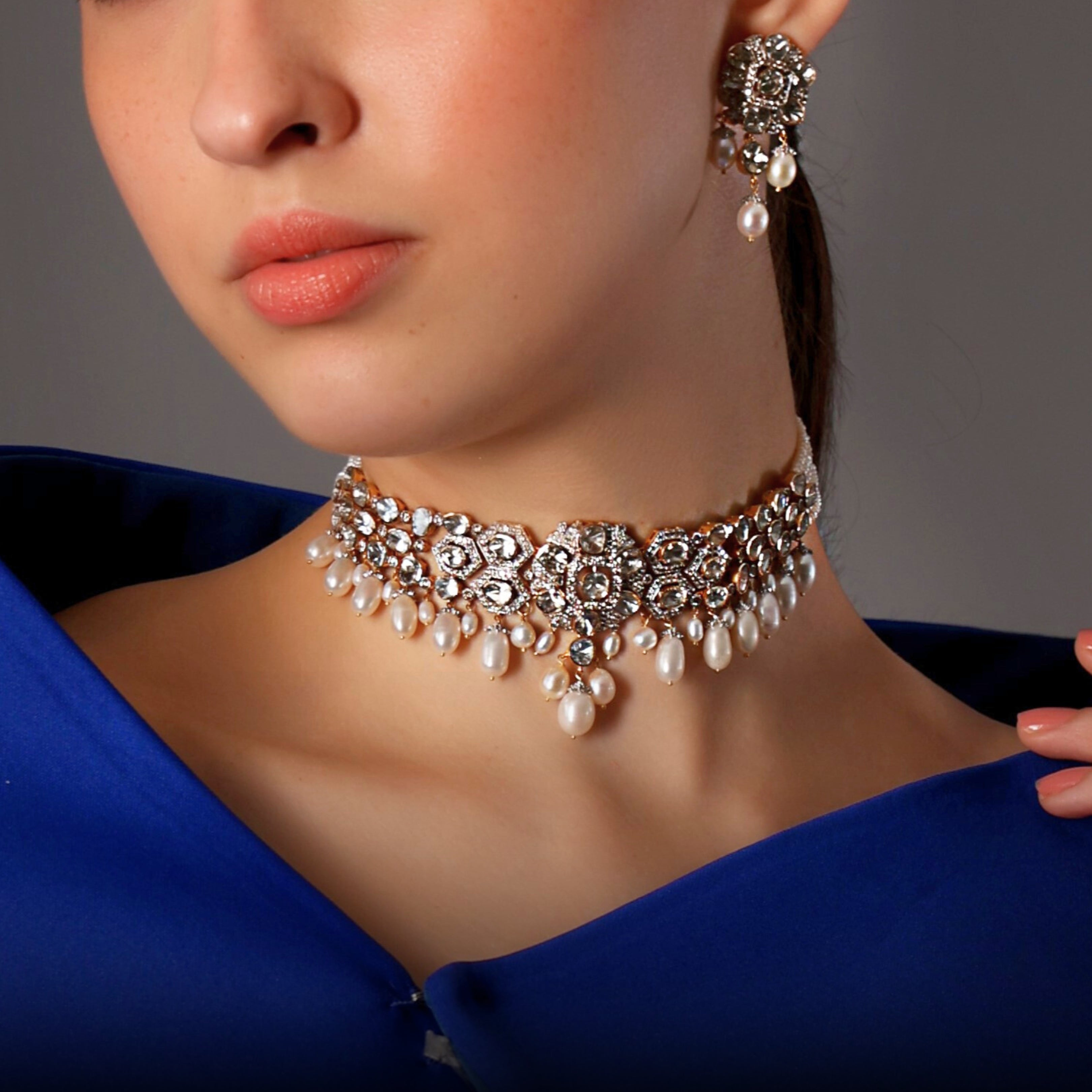 Kanishka Choker And Meera Long Earrings Polki And Diamond Set