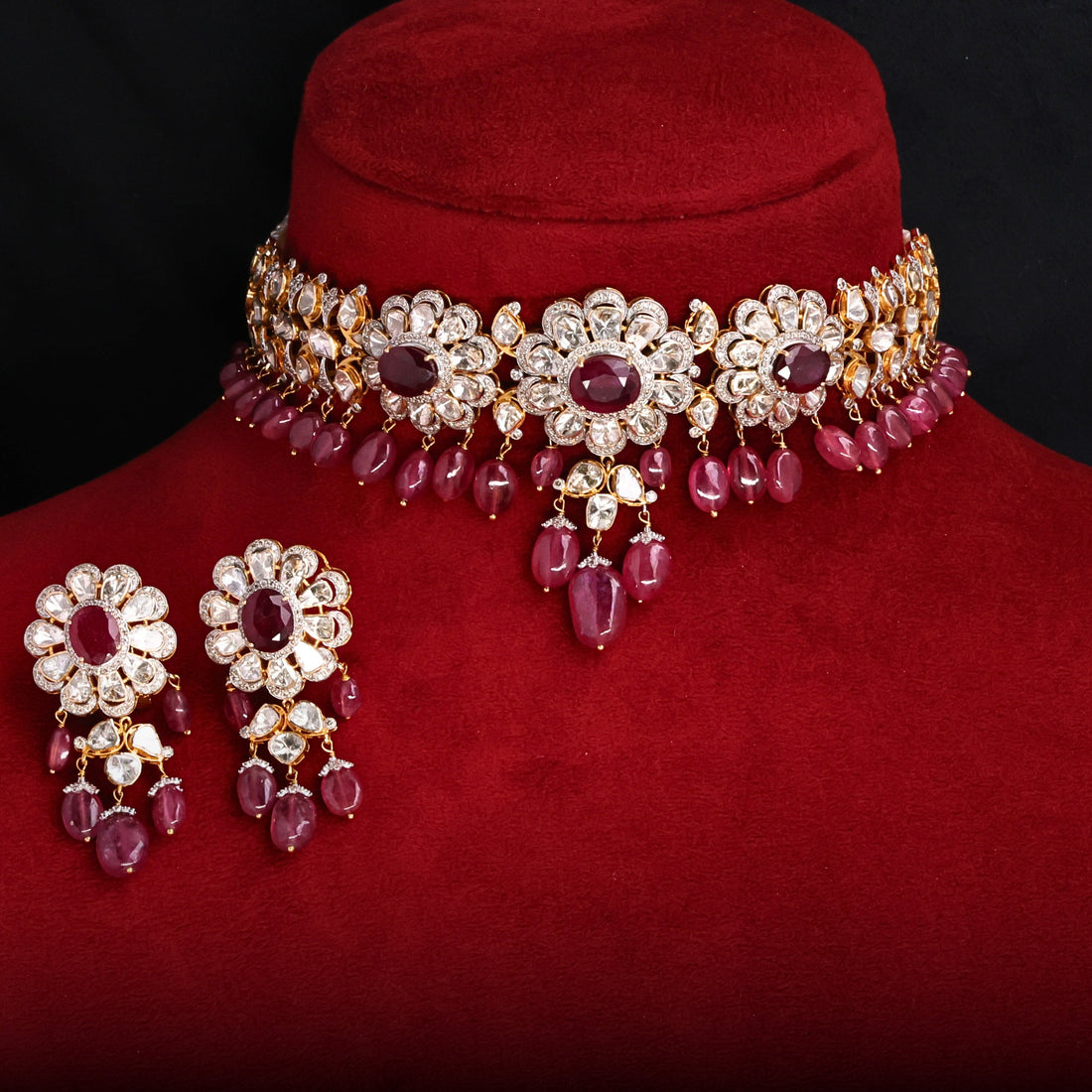 Raveena Choker And Mitali Long Earrings Polki And Diamond Set