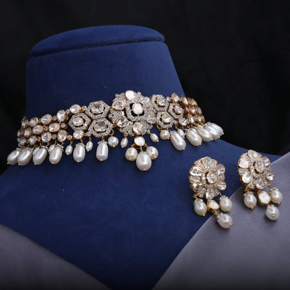 Kanishka Choker And Meera Long Earrings Polki And Diamond Set