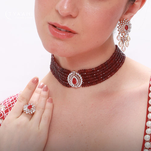 Bead Choker with Diamond Long Earrings
