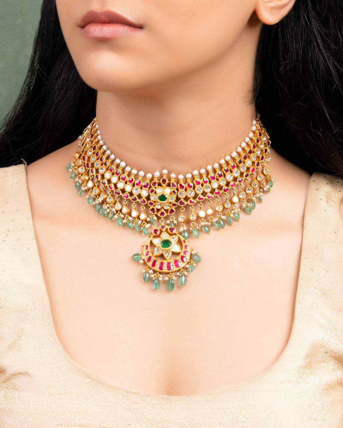 Shravni Necklace And Jhumkas Polki Set