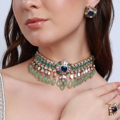 Mithra Choker And Vrinda Long Earrings Polki And Diamond Set