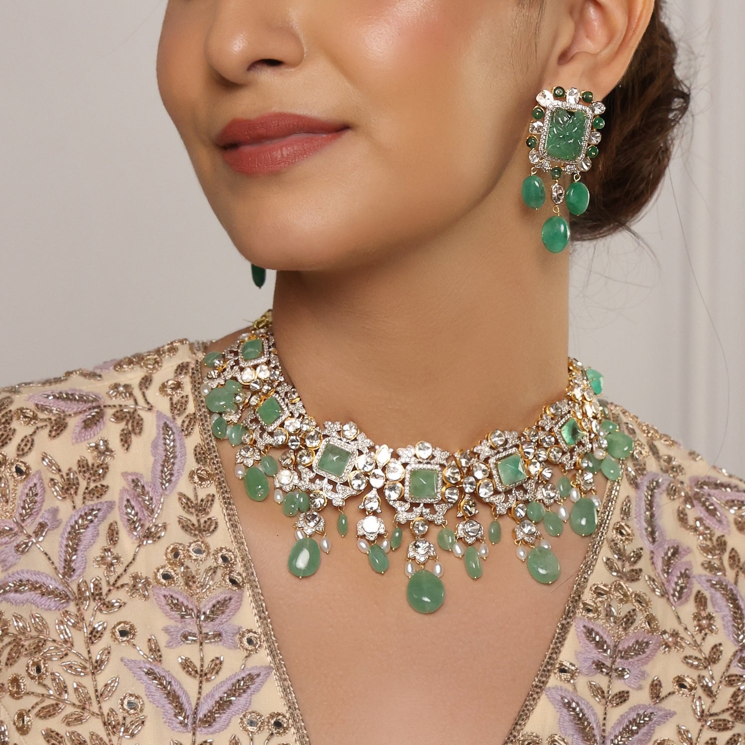 Isha Necklace And Latika Long Earrings Polki And Diamond Set